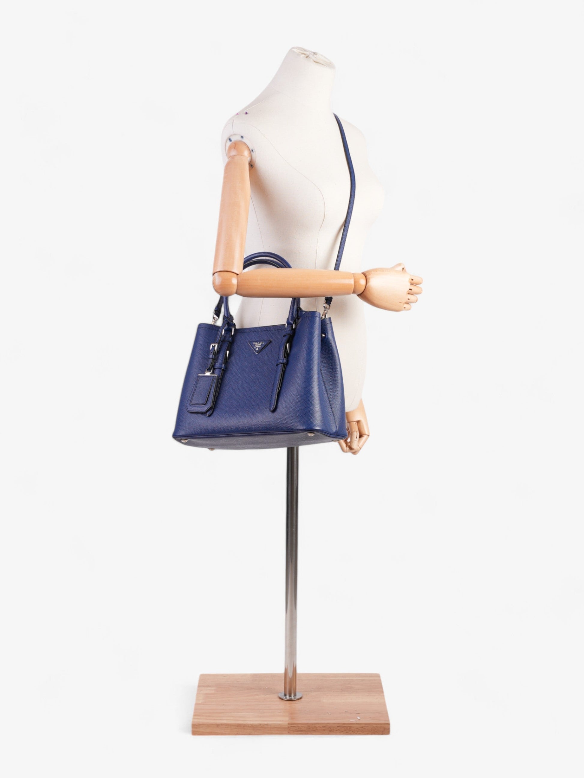 Prada Double Handle Tote Leather Saffiano Blue Shoulder Bag