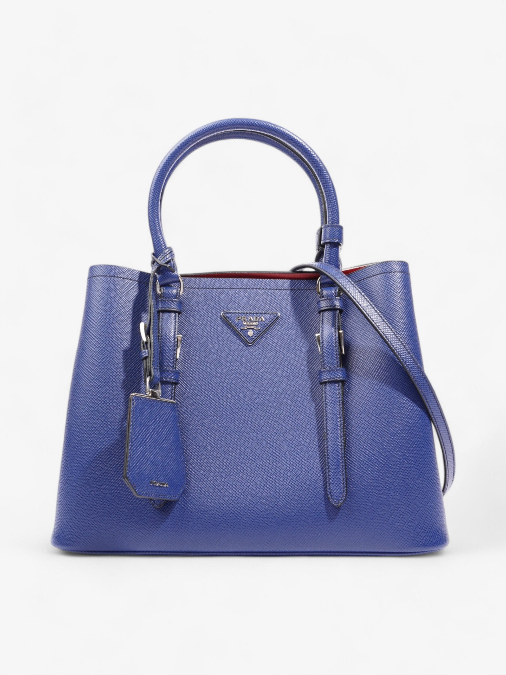 Prada Double Handle Tote Leather Saffiano Blue Shoulder Bag