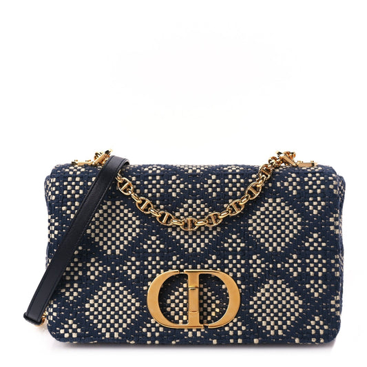 Dior Handbag Christian Fabric Macrocannage Caro Bag White Blue Medium Shoulder Bag