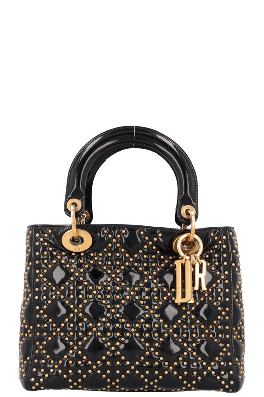 Dior Handbag Lady Studded Patent Black Gold