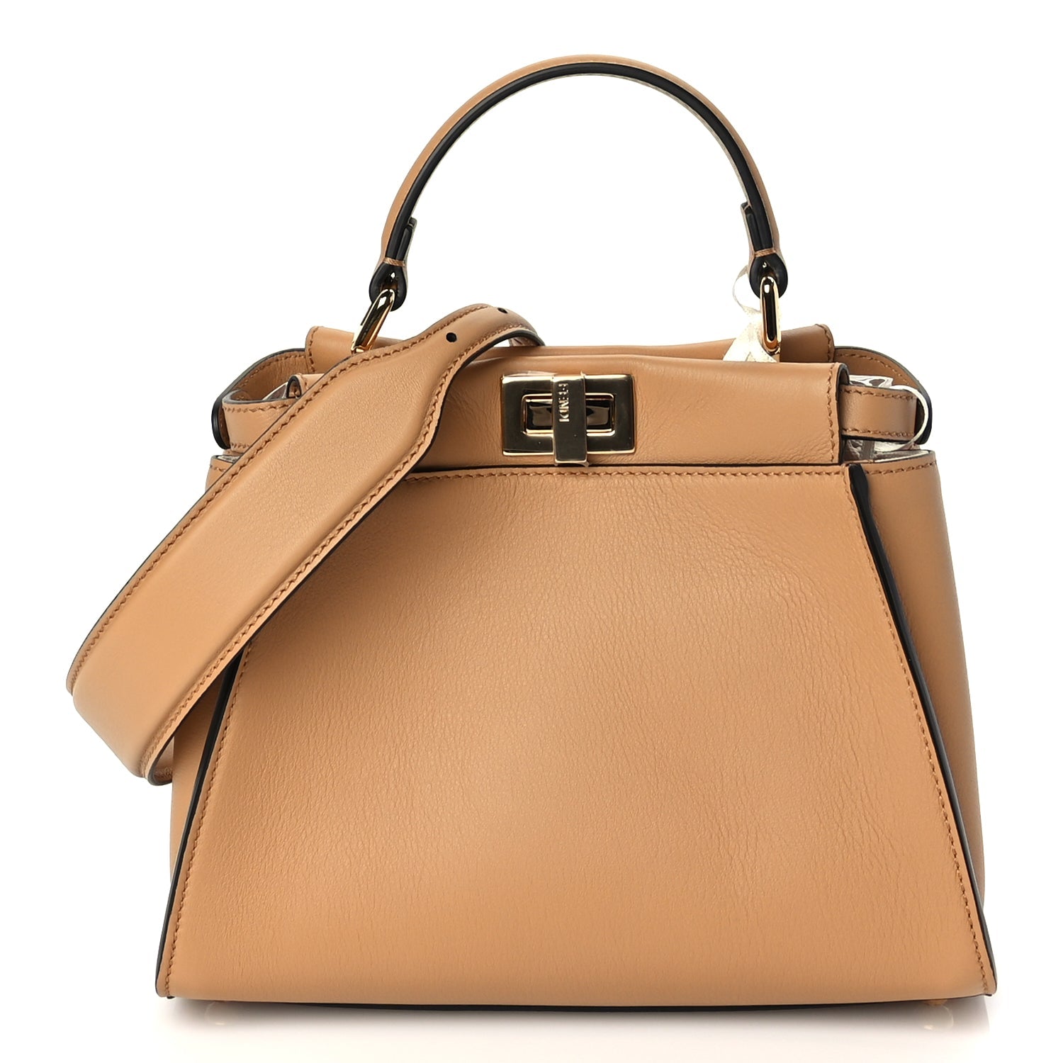 Fendi Handbag Seta FF Peekaboo Iconic Satchel Miele Scuro Canvas Vitello Beige Satchel Bag