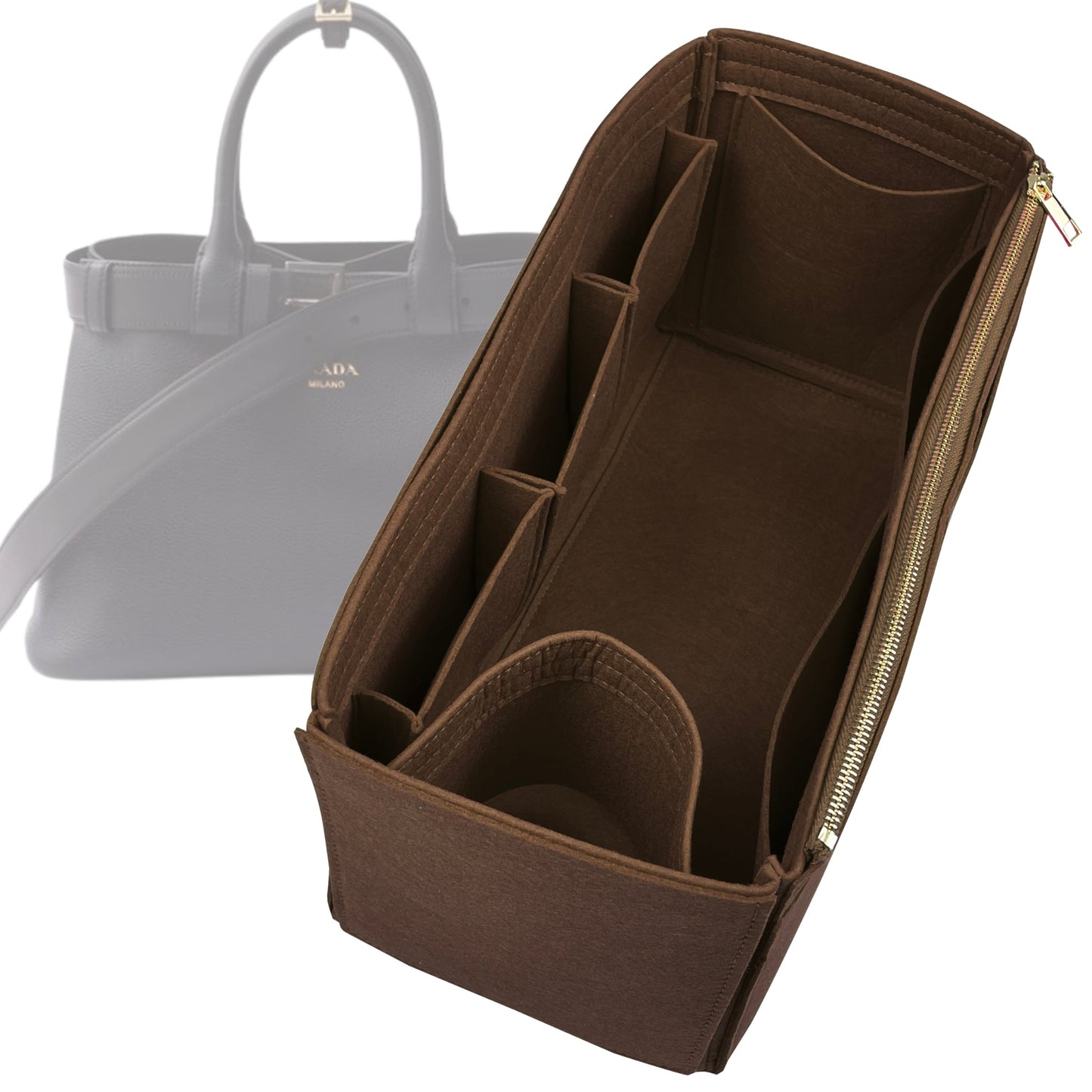 Prada Handbag Organizer for Buckle with belt, Bag Insert Leather Medium Felt Wide Ope