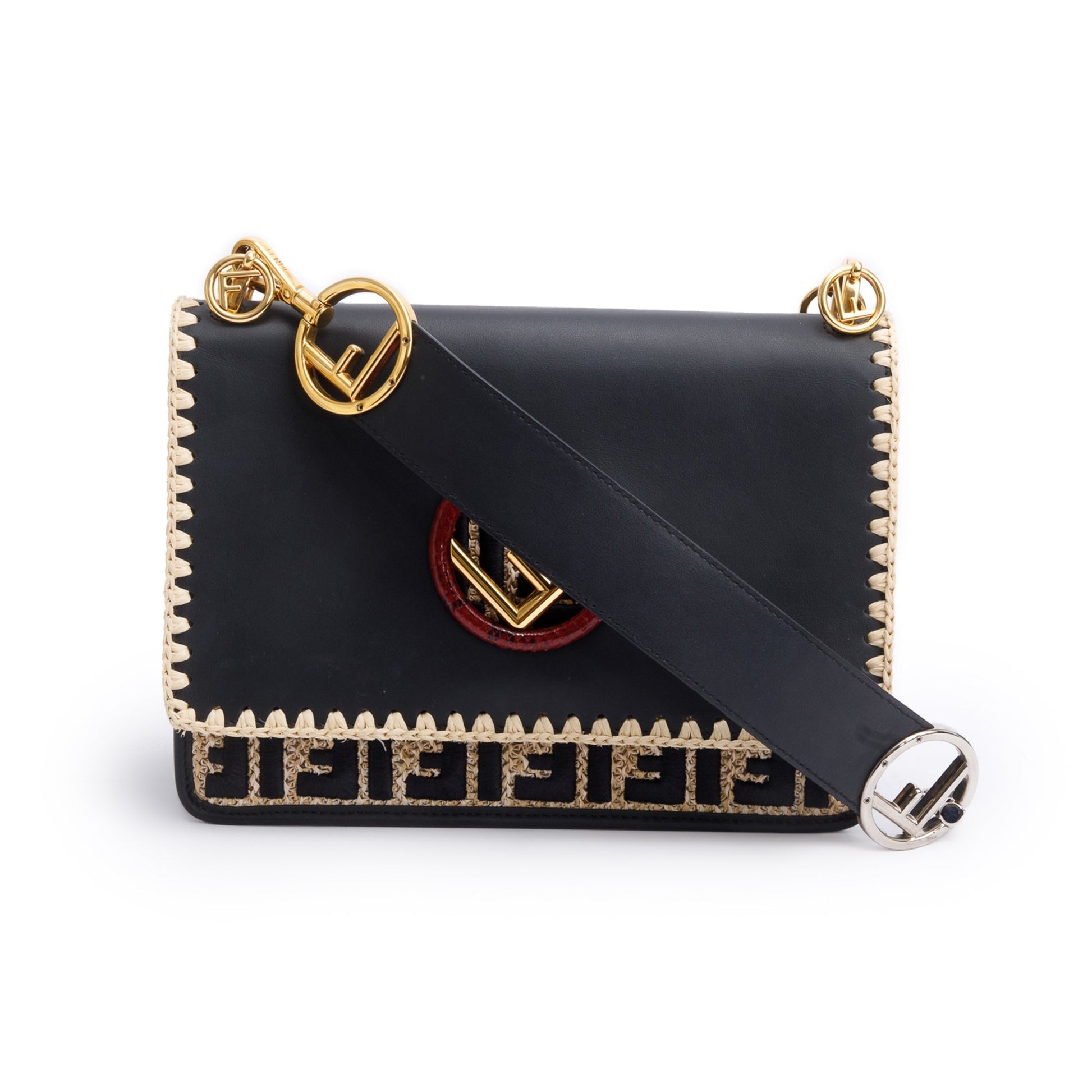 Fendi Calfskin Snakeskin Ff Embroidered Medium Is Kan Leather Raffia Shoulder Bag