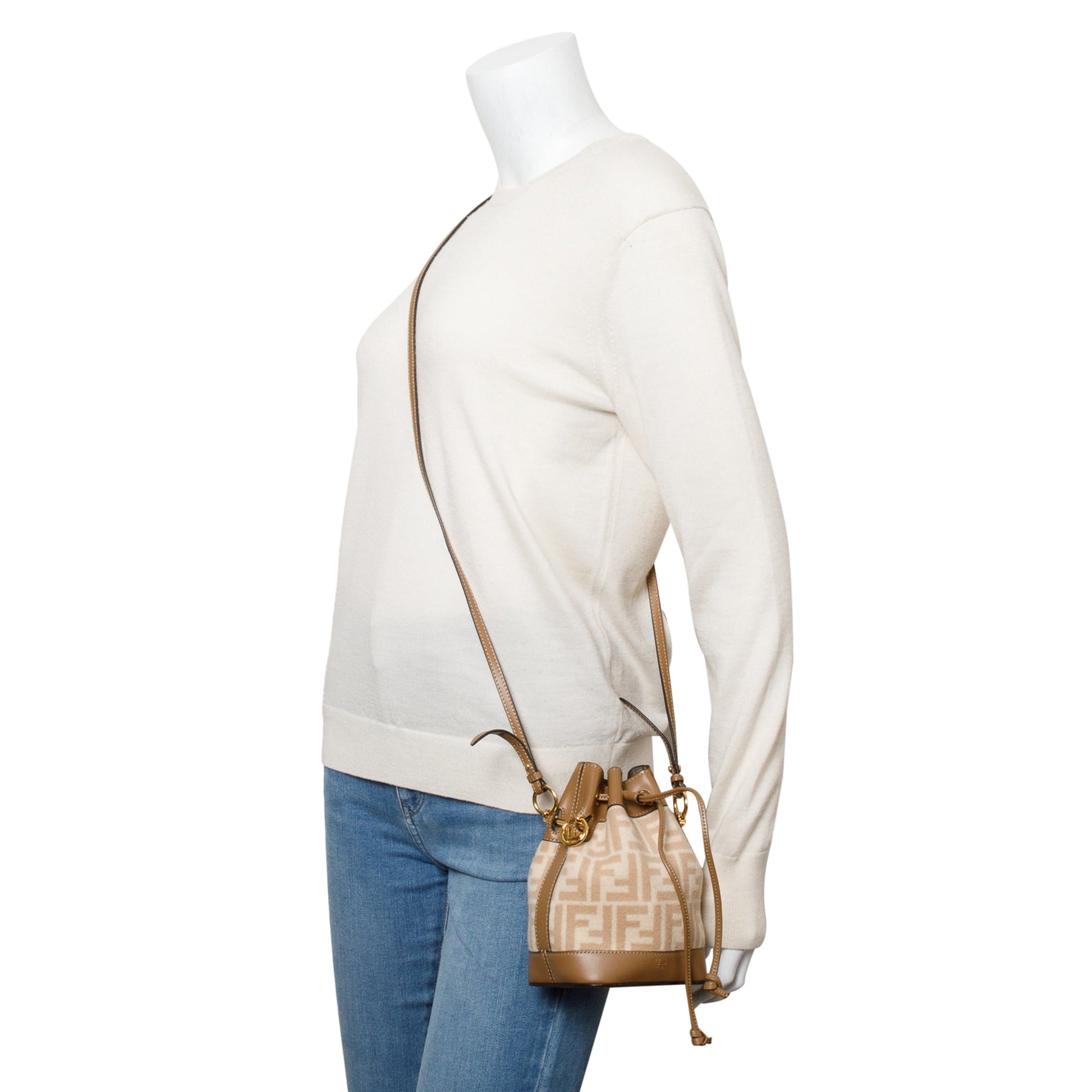Fendi Neutral Ff Wool Calfskin Mon Tresor Bucket Leather Tan Bucket Bag