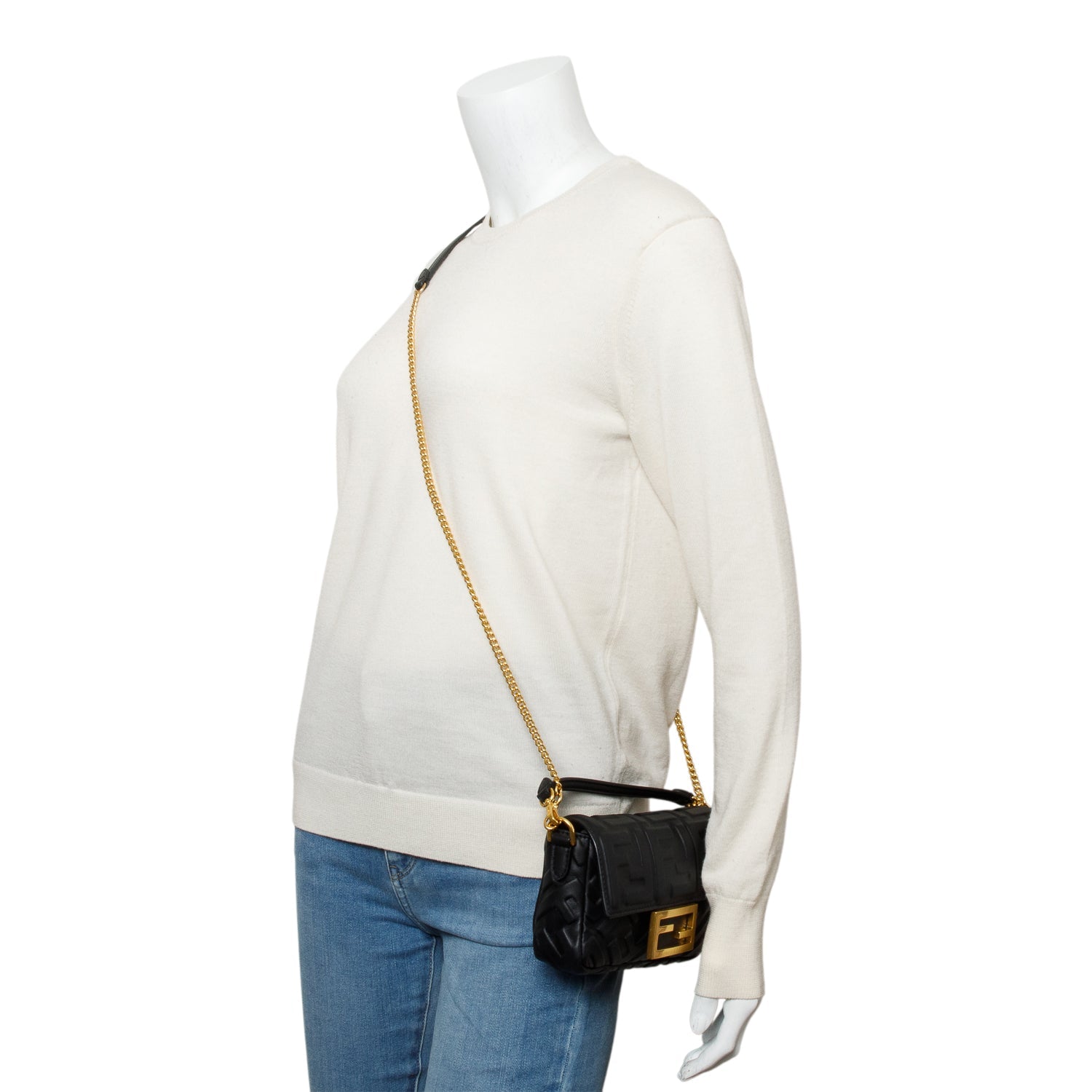 Fendi Ff Embossed Nappa Be Baguette Chain Crossbody Leather Black Crossbody Bag
