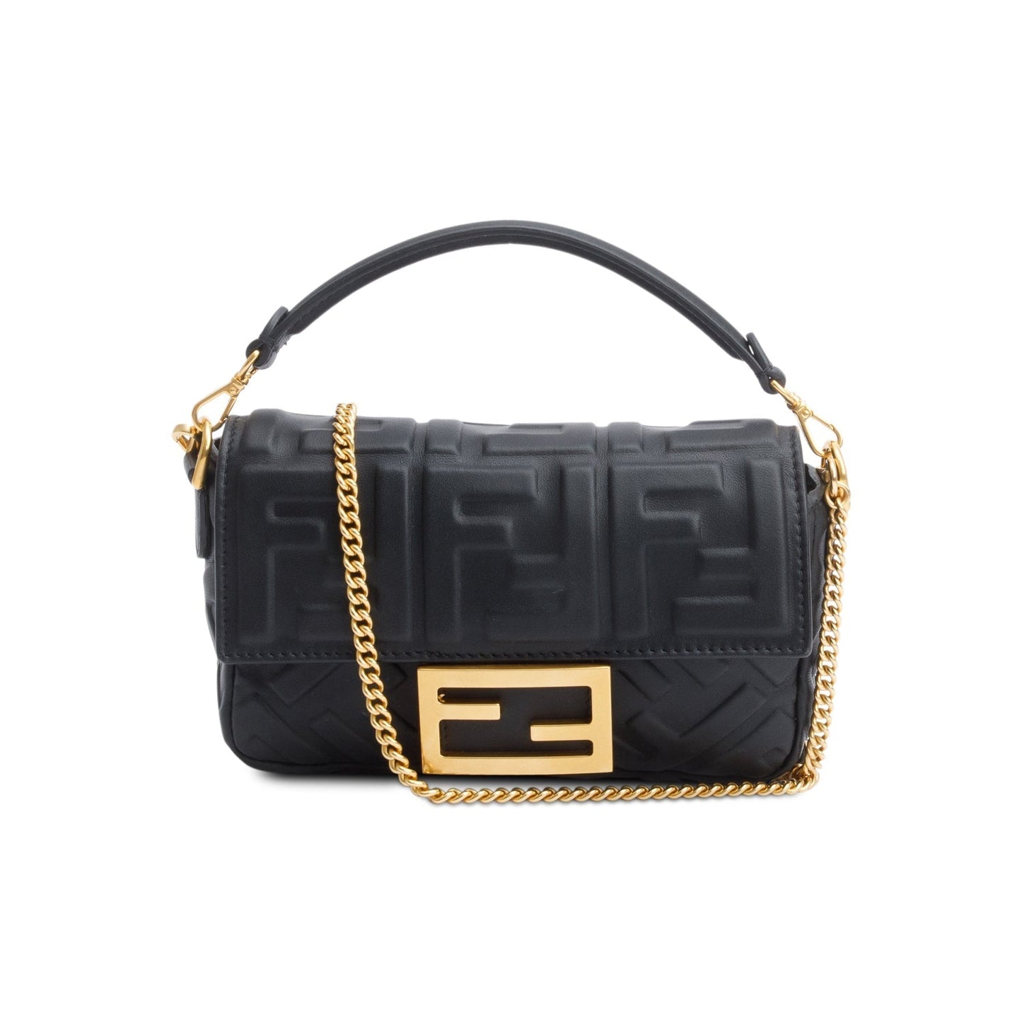 Fendi Ff Embossed Nappa Be Baguette Chain Crossbody Leather Black Crossbody Bag