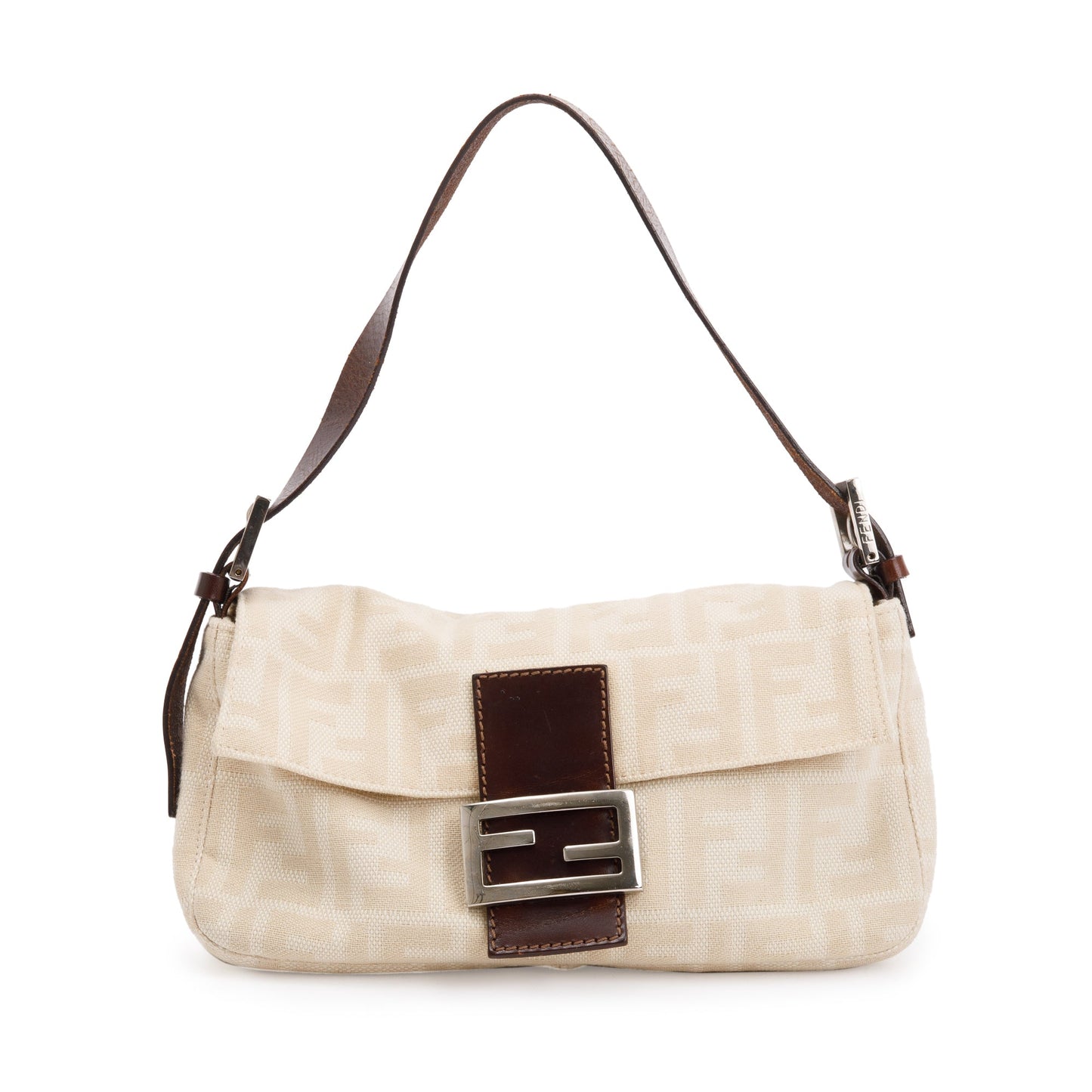 Fendi Beige Ff Zucca Trim Baguette Shoulder Bag Leather Canvas