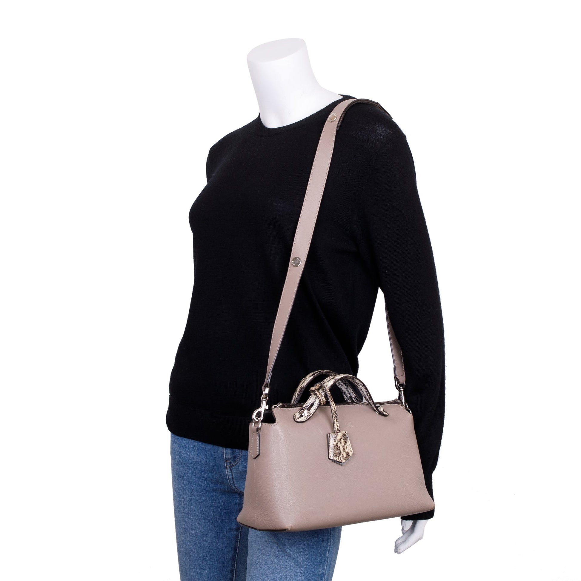Fendi Python Trimmed By The Way Handle Bag Leather Beige Travel Bag