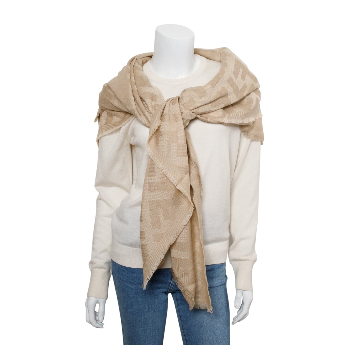 Fendi Wool Silk Zucca Ff Shawl Travel Bag Beige Logo