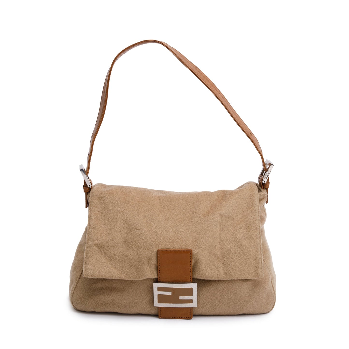 Fendi Wool Trim Mama Forever Baguette Shoulder Bag Leather Beige