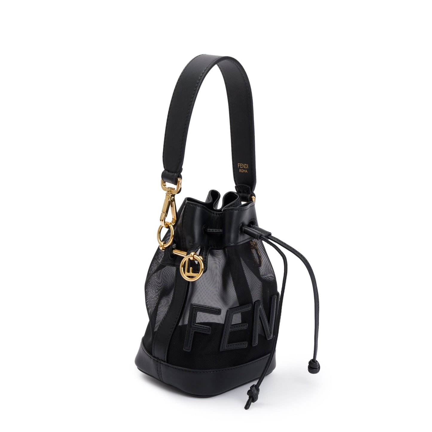 Fendi Mesh Trimmed Mon Tresor Bucket Bag Leather Black