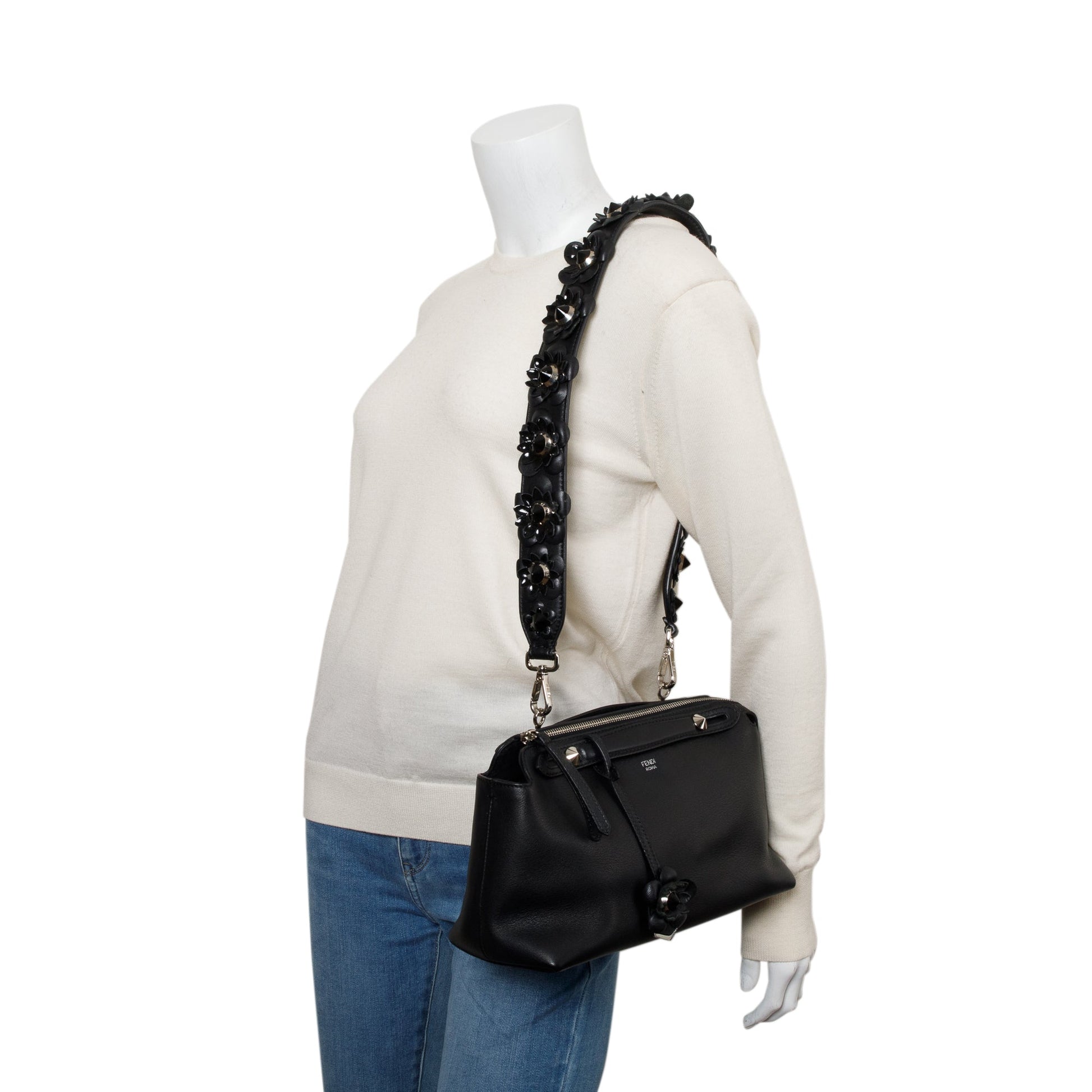 Fendi Vitello Dolce Flowerland By The Way Boston Black Small Travel Bag