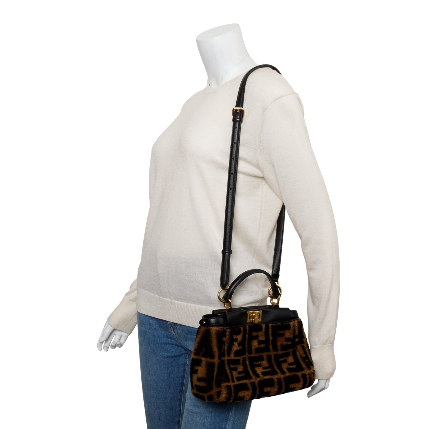 Fendi Shearling Nappa Macro Ff Peekaboo Bag Black Brown Travel Bag