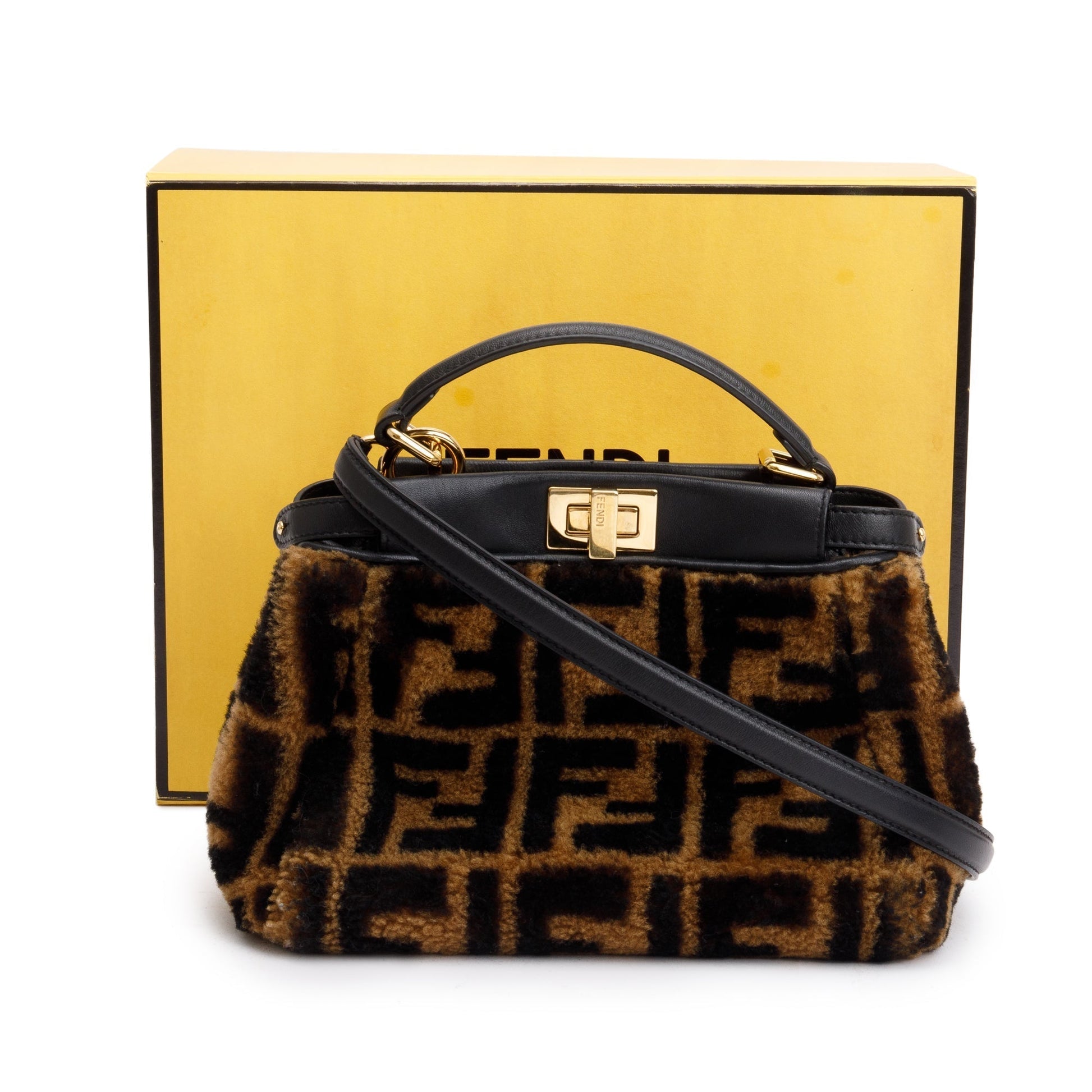 Fendi Shearling Nappa Macro Ff Peekaboo Bag Black Brown Travel Bag