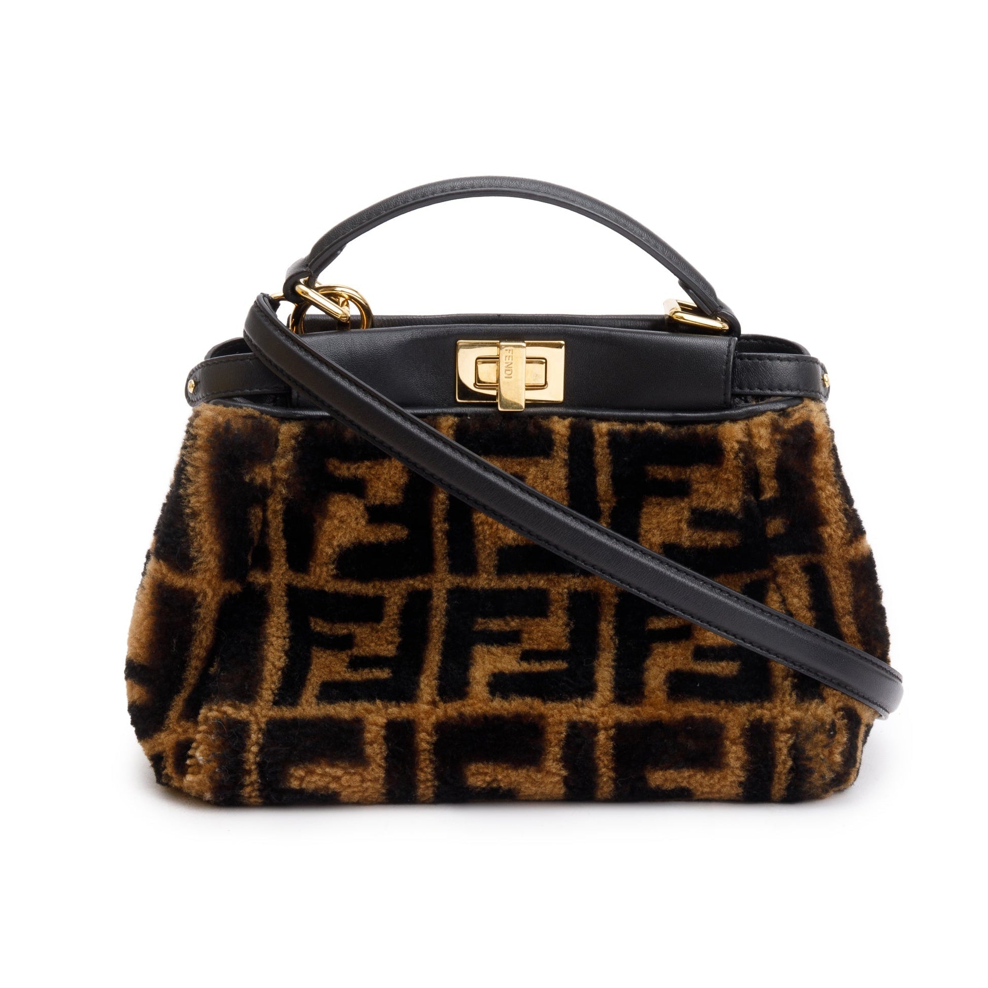 Fendi Shearling Nappa Macro Ff Peekaboo Bag Black Brown Travel Bag