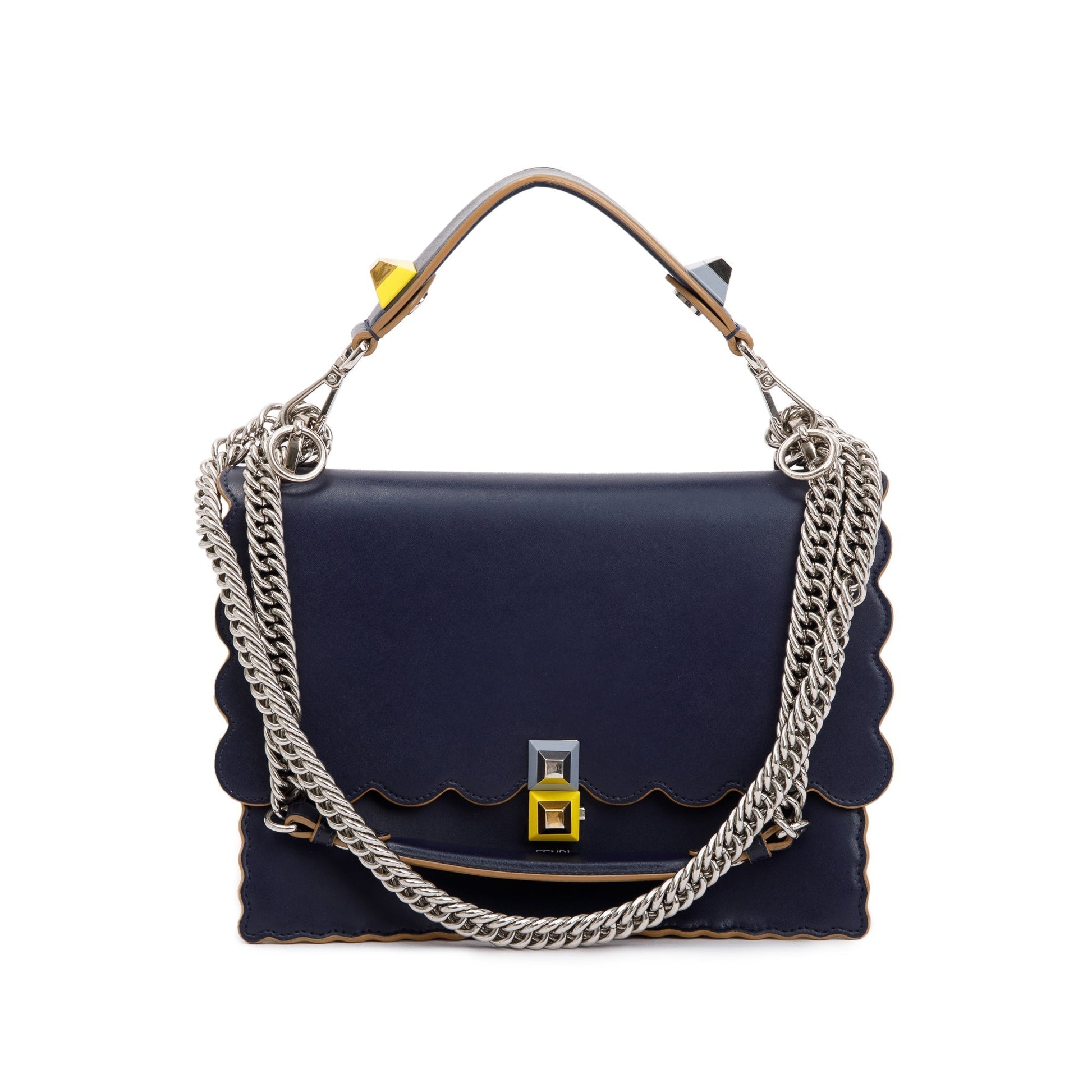 Fendi Calfskin Scalloped Studded Kan Shoulder Bag Leather Blue