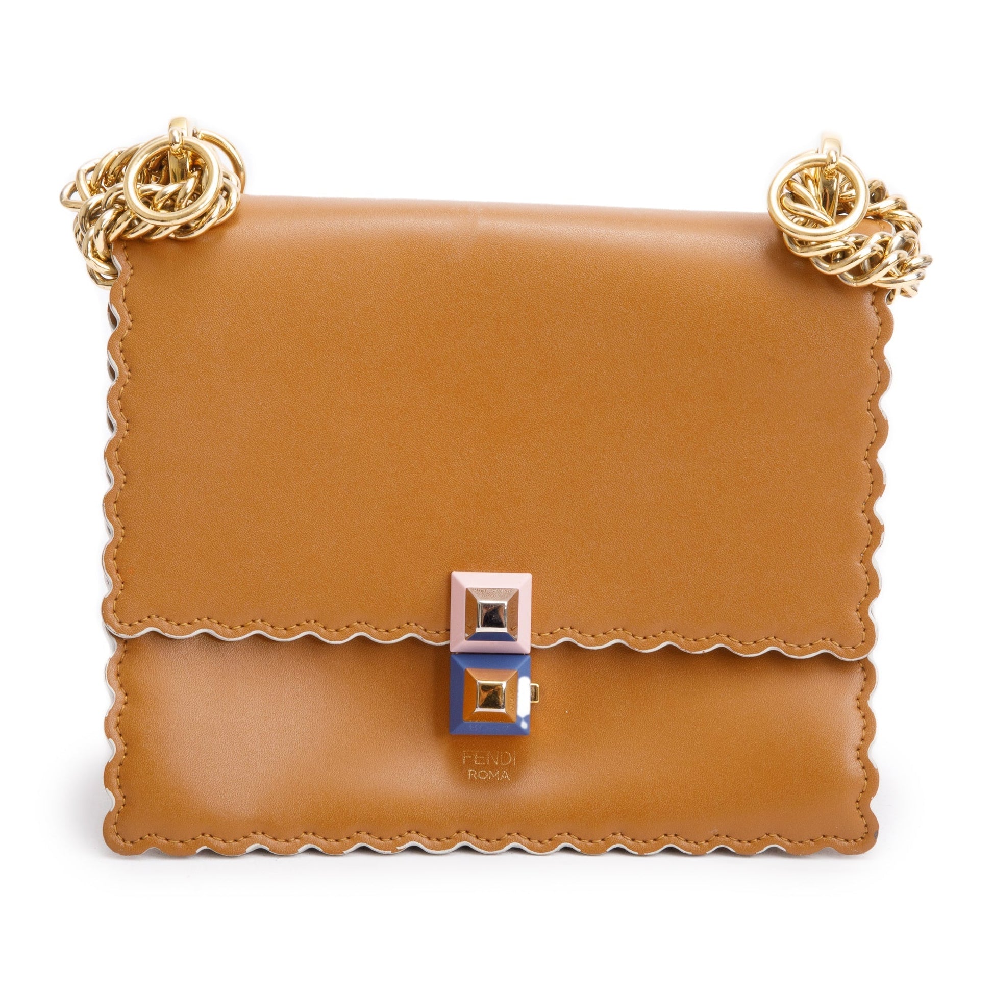 Fendi Calfskin Kan Scallop Shoulder Bag Leather Brown