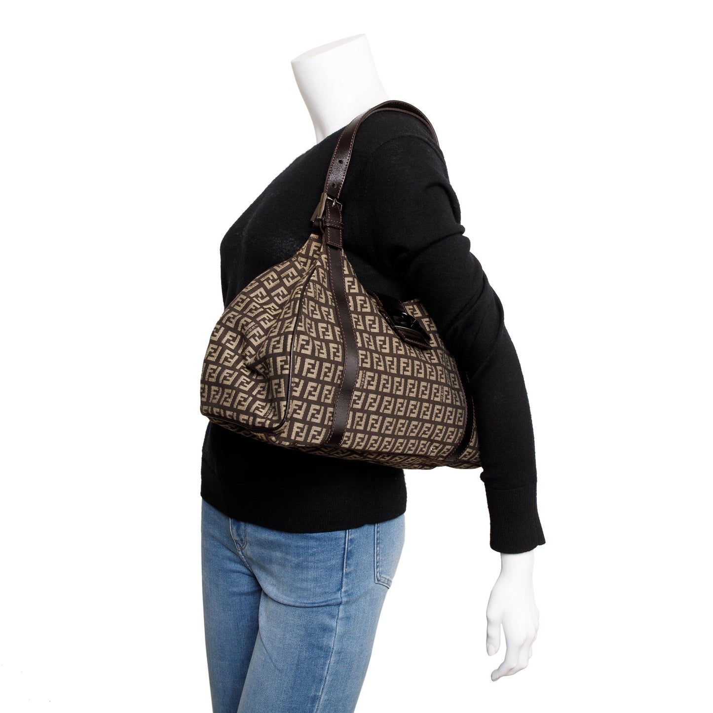 Fendi Trimmed Zucchino Shoulder Bag Leather Brown
