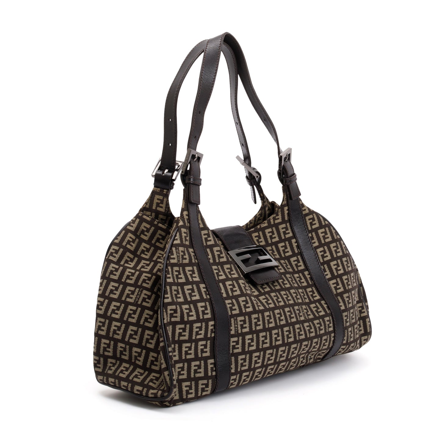 Fendi Trimmed Zucchino Shoulder Bag Leather Brown