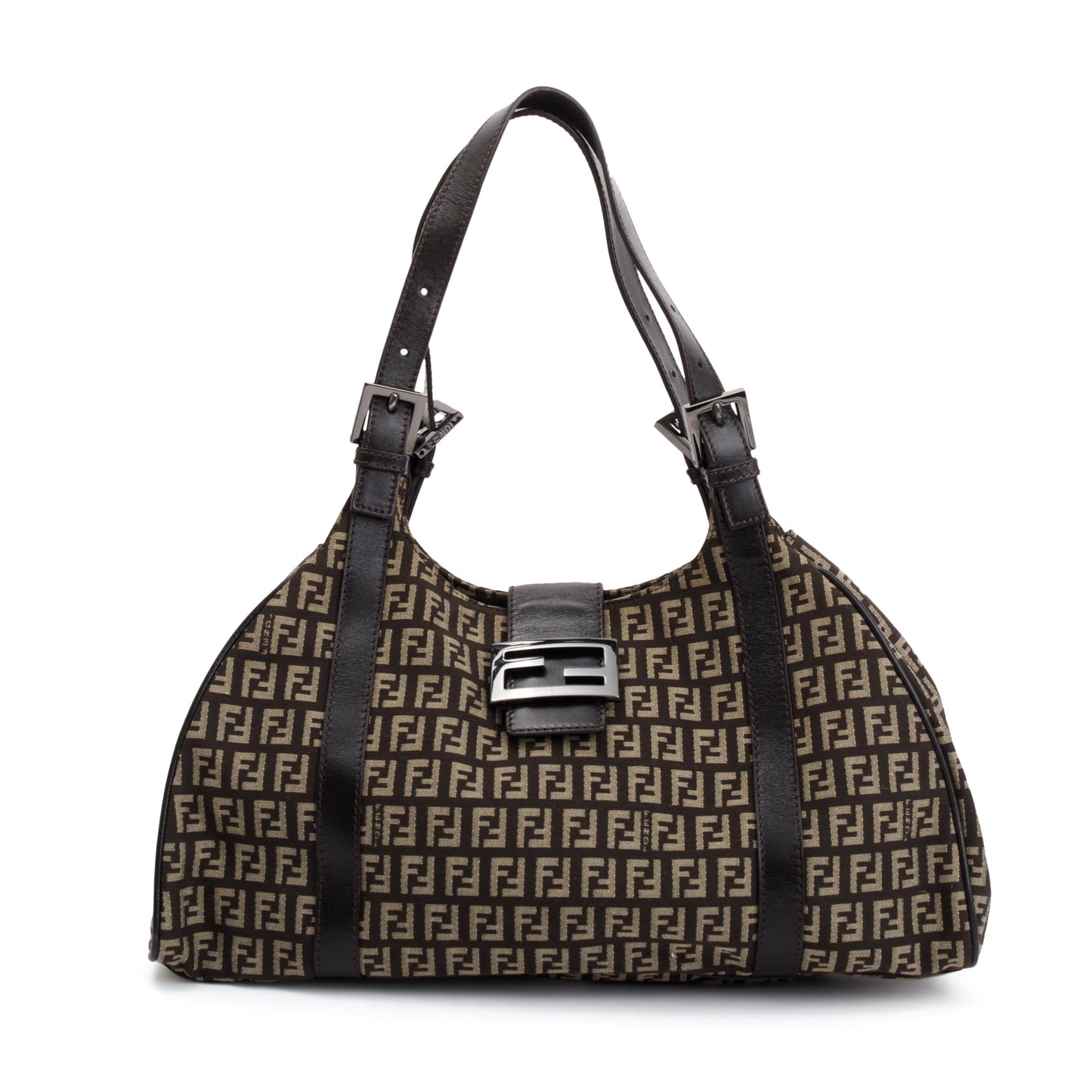 Fendi Trimmed Zucchino Shoulder Bag Leather Brown