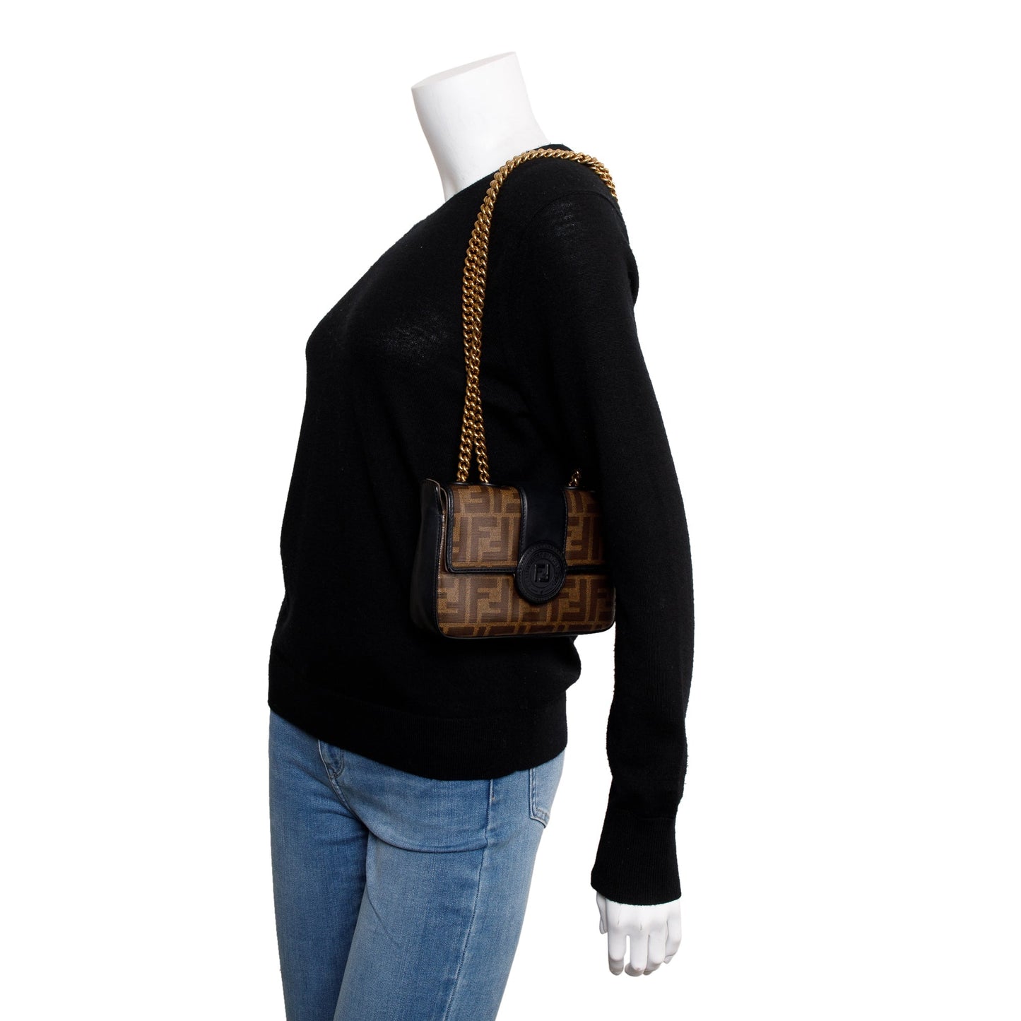 Fendi Zucca Ff Logo Stamp Flap Shoulder Bag Canvas Brown