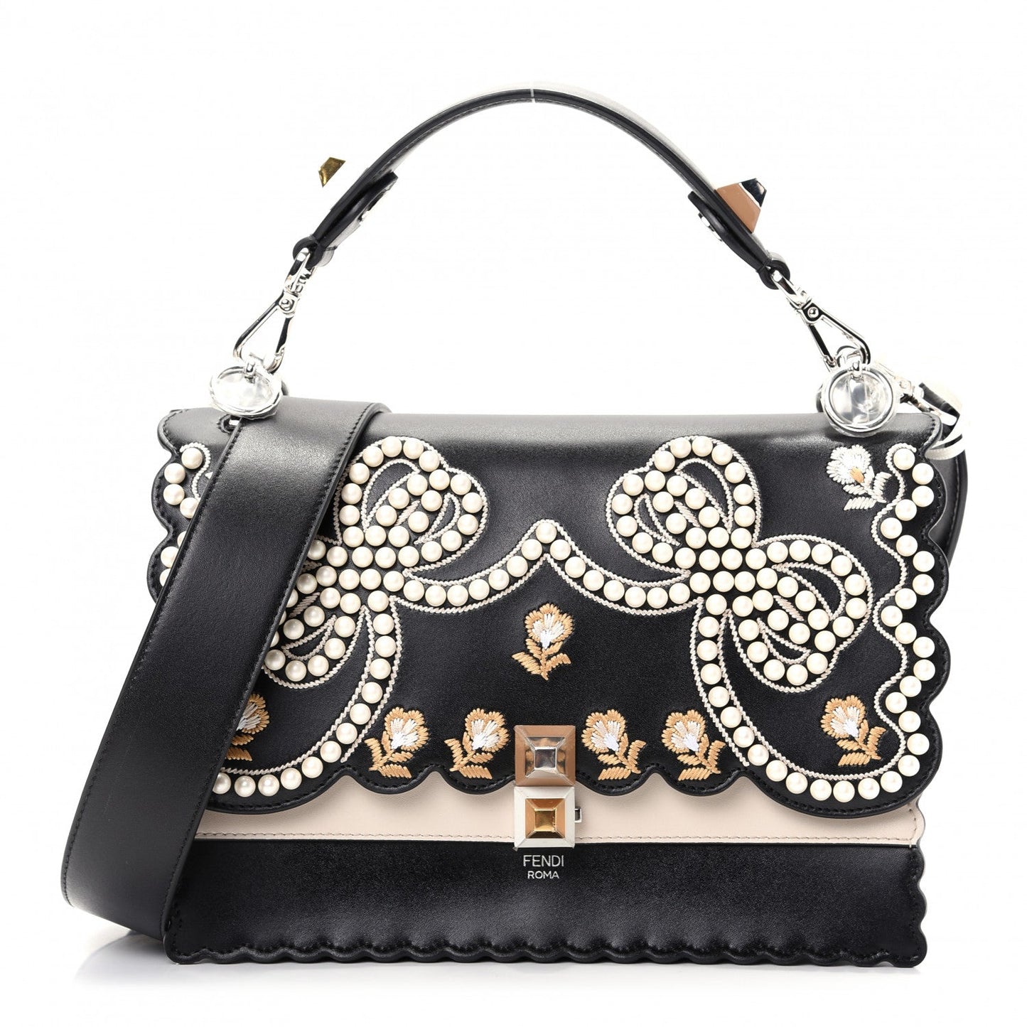 Fendi Camellia Pearl Bow Kan Bag Flap Travel Bag