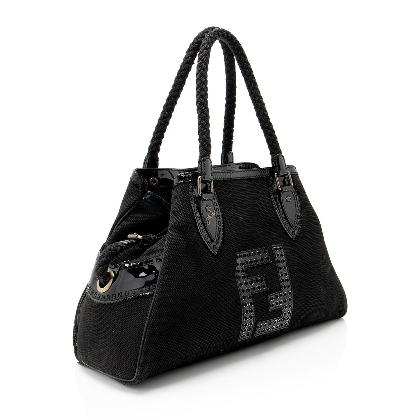 Fendi Perforated Ff Du Jour Tote Leather Canvas Patent Tote Bag