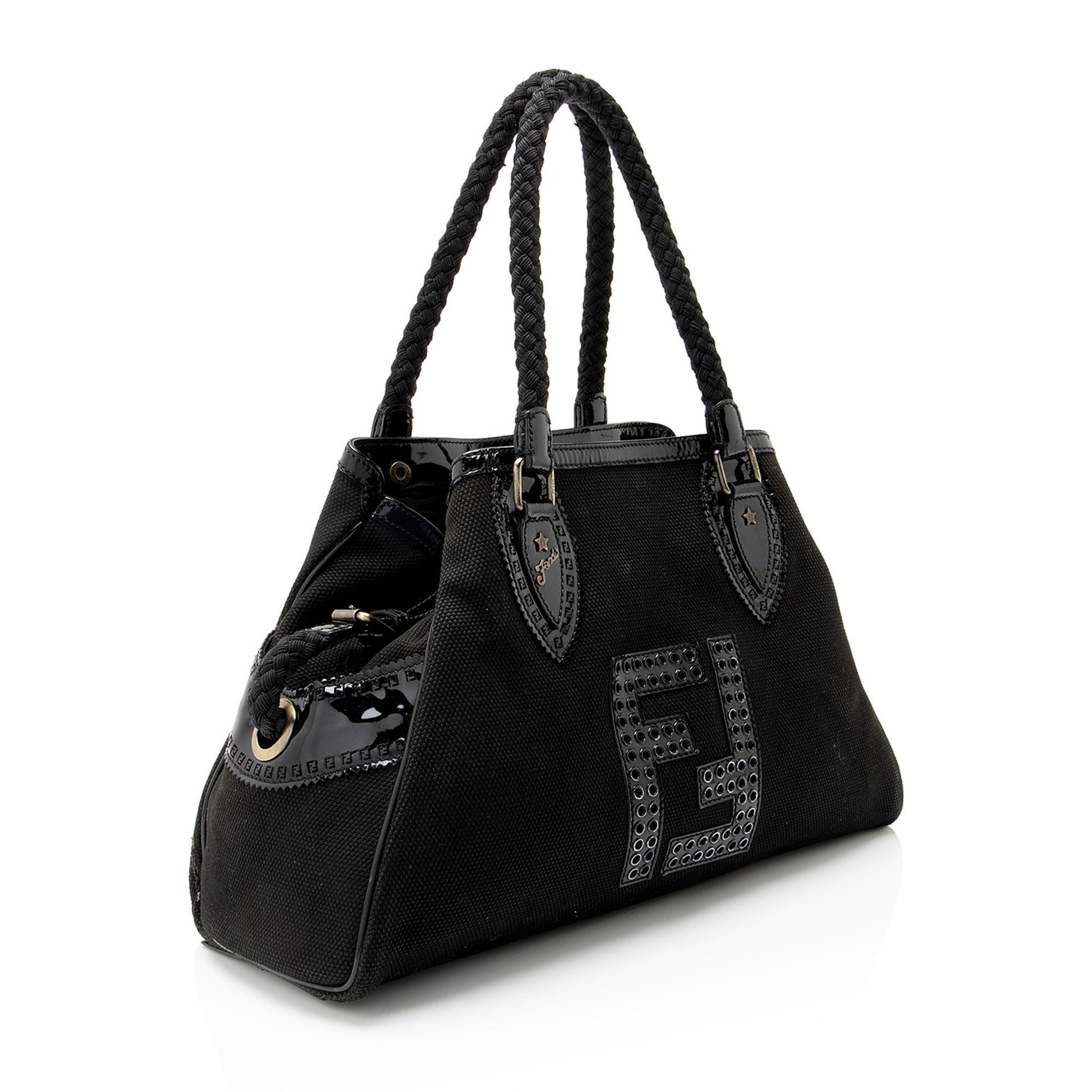 Fendi Perforated Ff Du Jour Tote Leather Canvas Patent Tote Bag