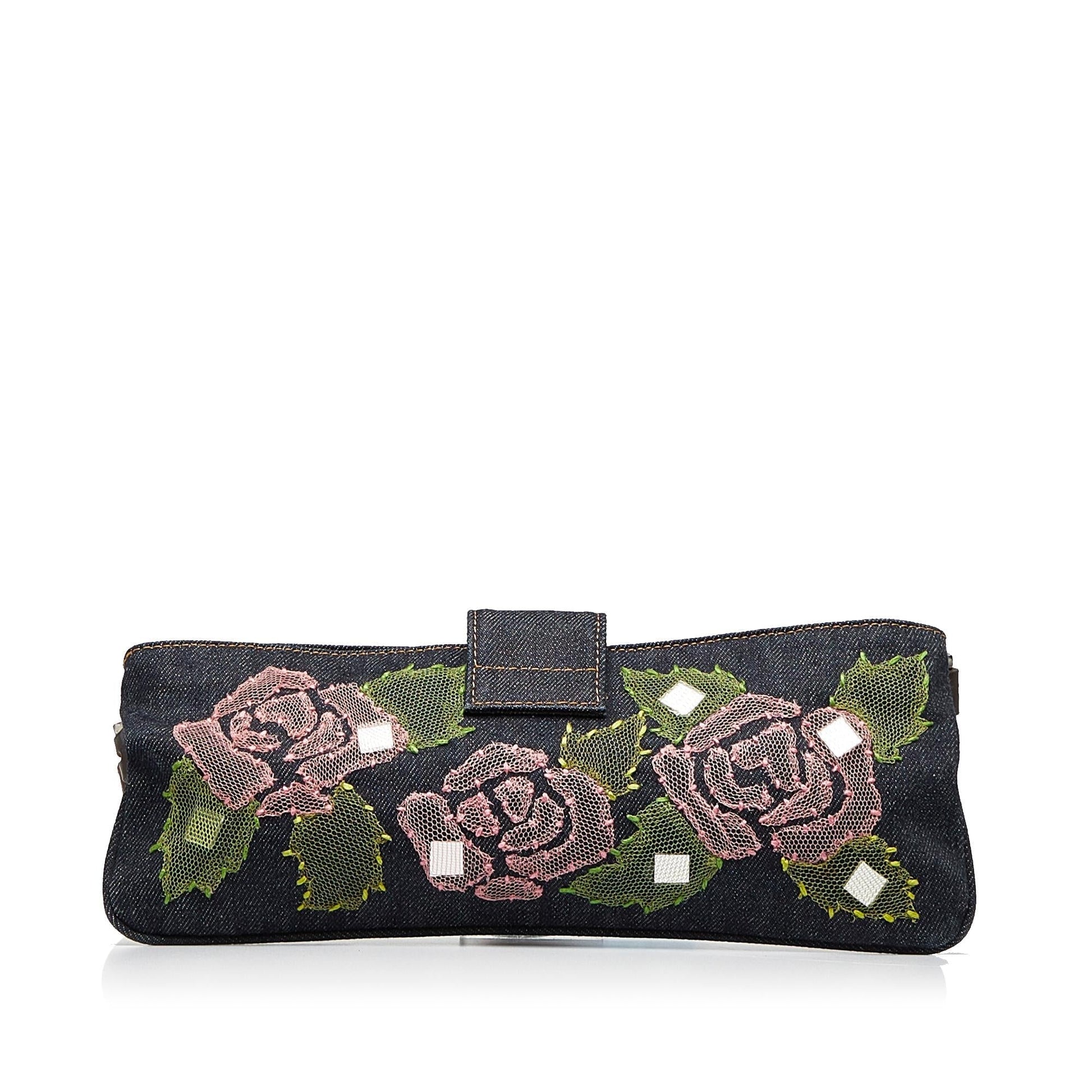 Fendi Baguette Shg 5Rybuo Handbag Denim Embroidered Shoulder Bag