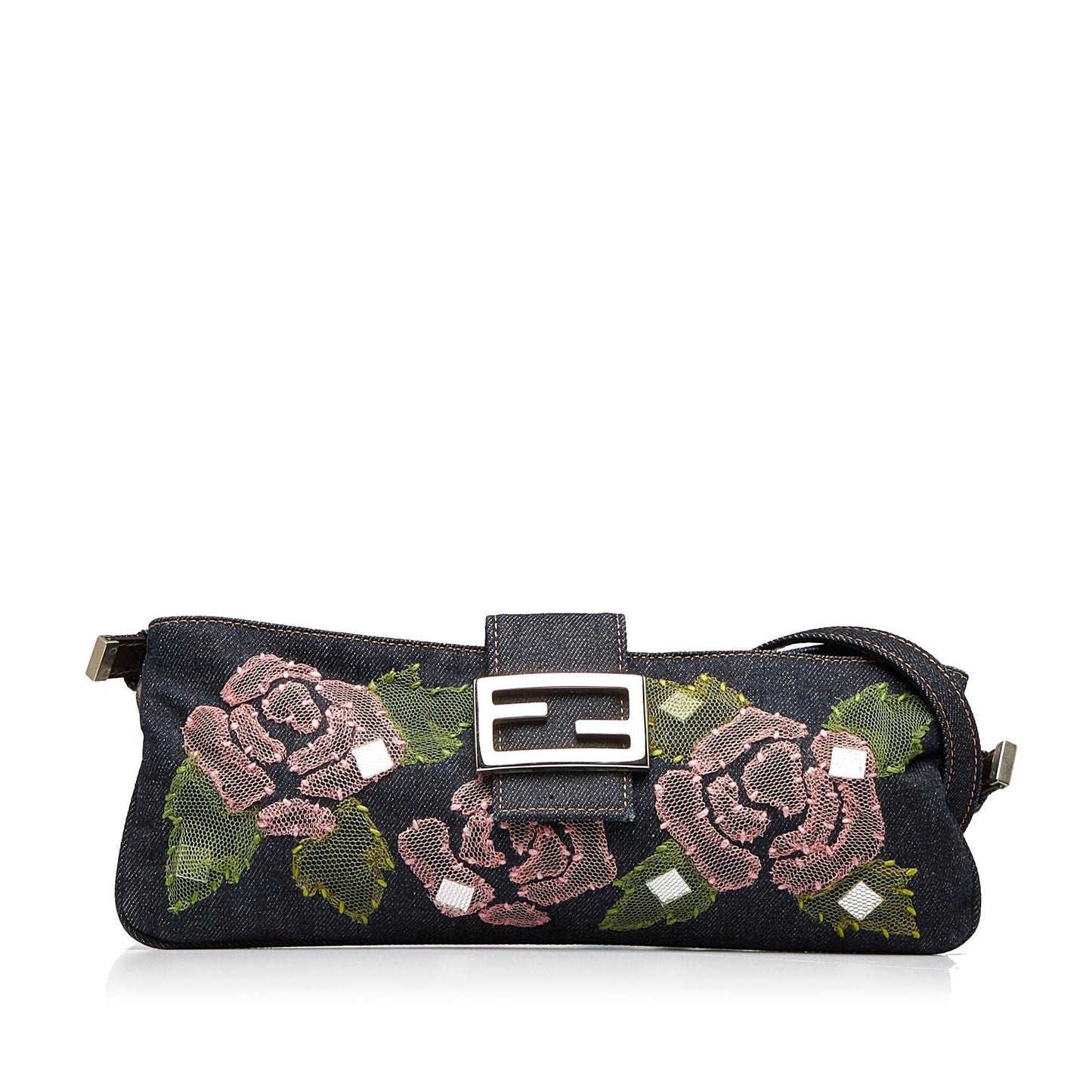 Fendi Baguette Shg 5Rybuo Handbag Denim Embroidered Shoulder Bag