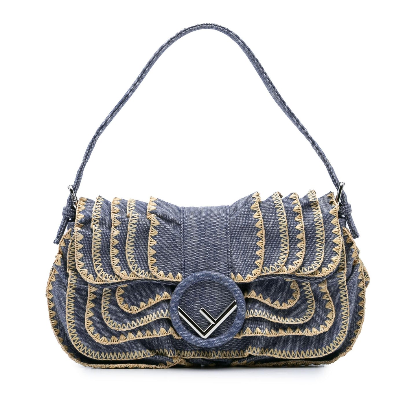 Fendi Ruffled Is Kan Baguette Satchel Bag Denim Embroidered