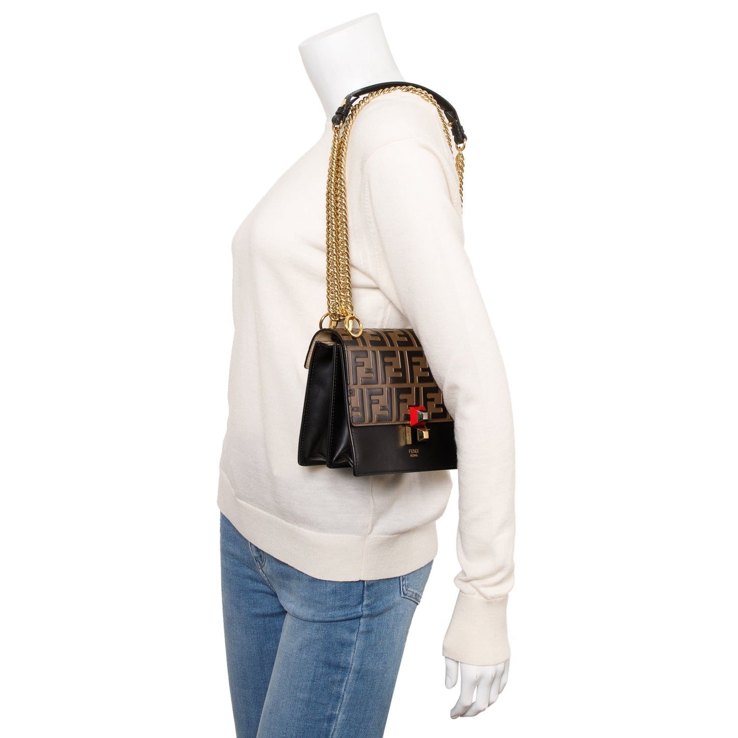 Fendi Ff Embossed Calfskin Kan Shoulder Bag Leather Black