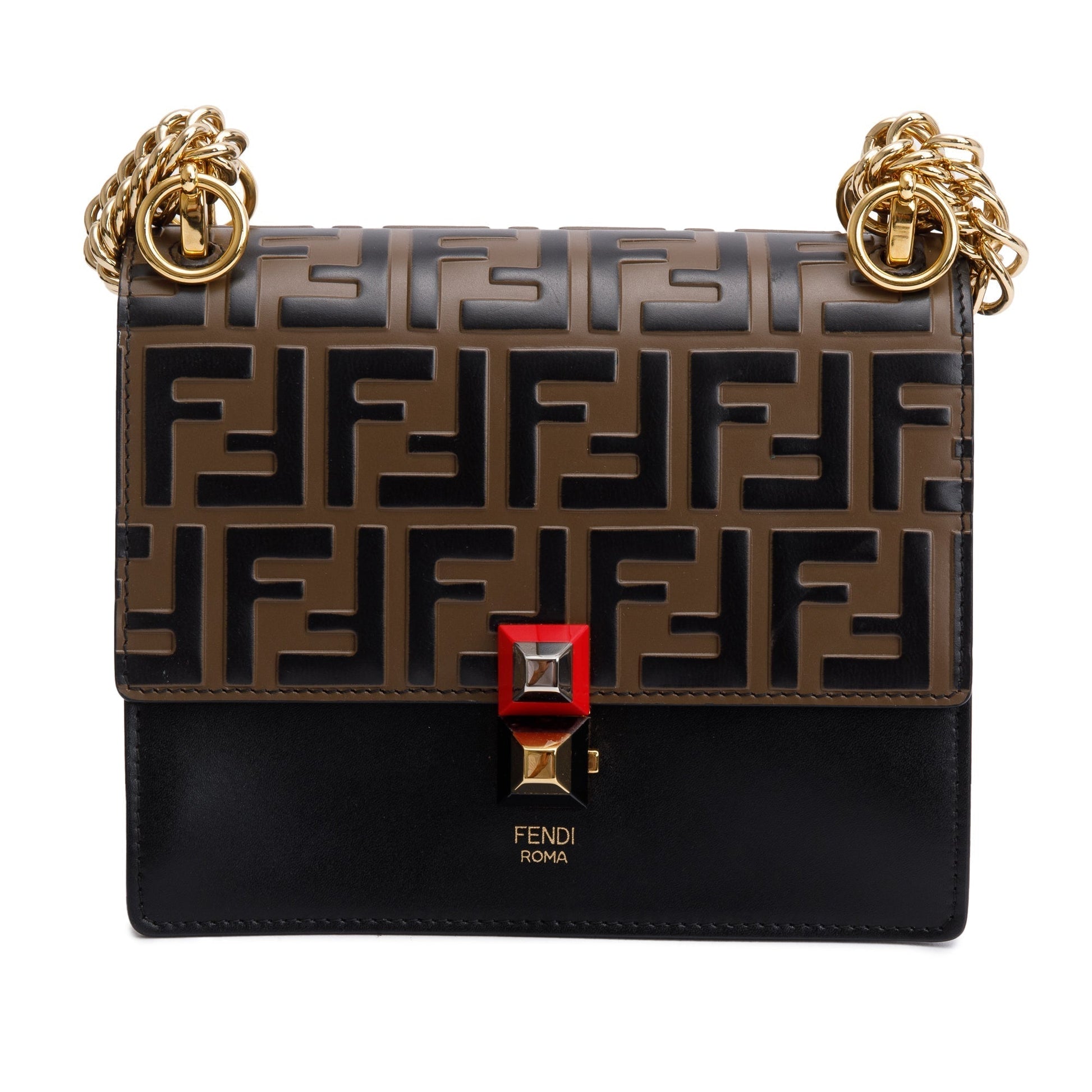 Fendi Ff Embossed Calfskin Kan Shoulder Bag Leather Black