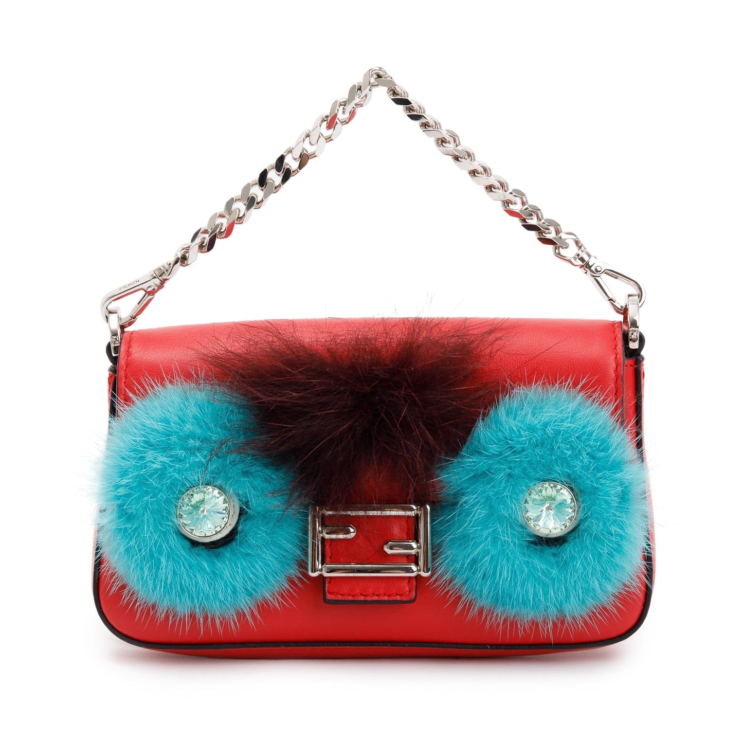 Fendi Fur Trimmed Calfskin Micro Buggie Baguette Crossbody Leather Red Crossbody Bag