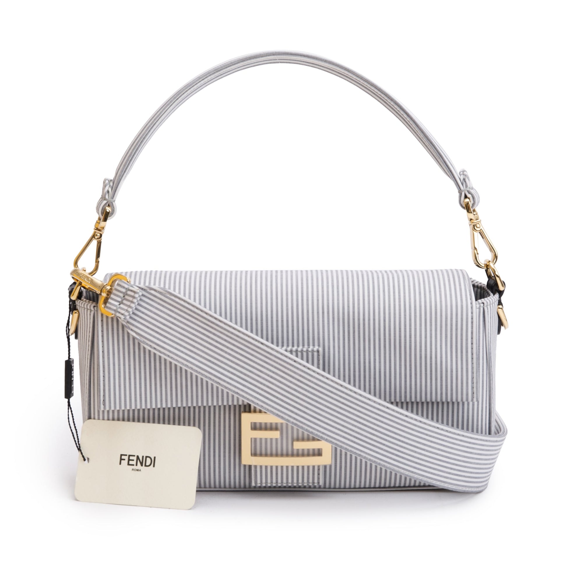 Fendi Grey Striped Cotton Cuoio Betagna Baguette Grigio White Shoulder Bag