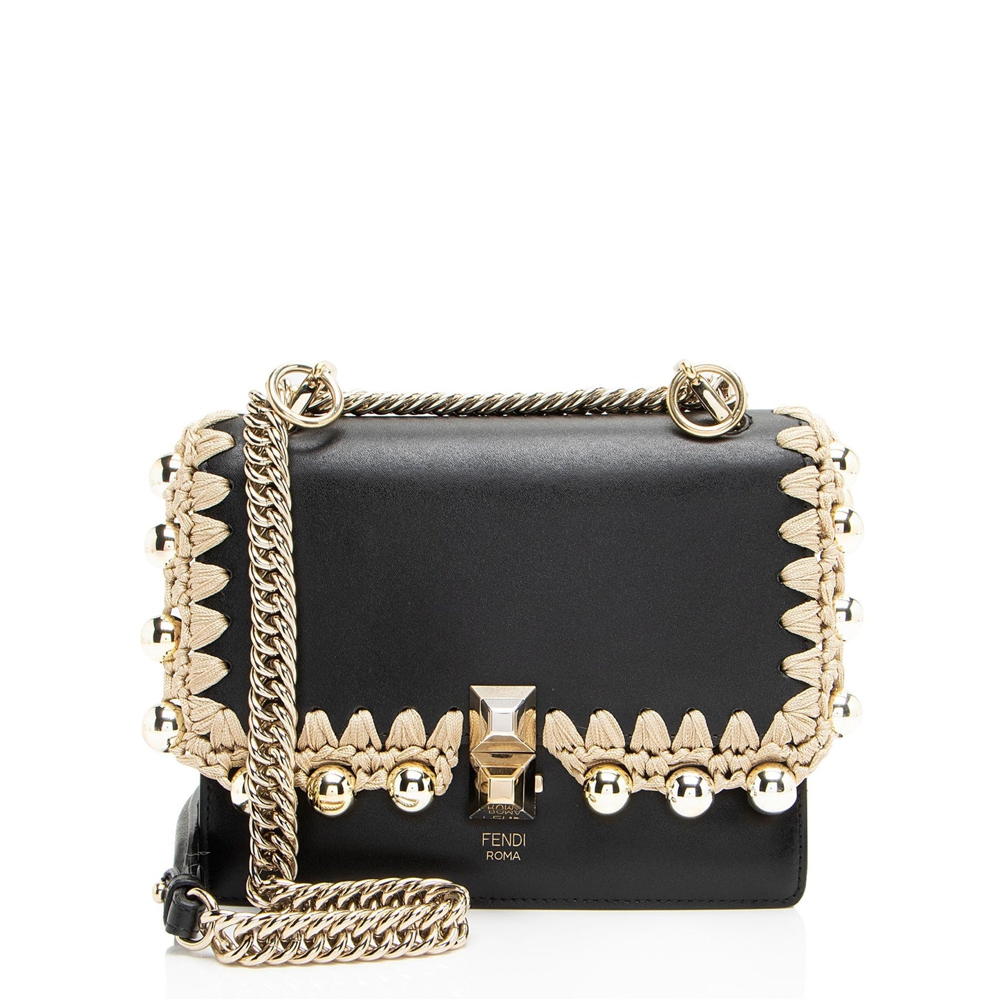 Fendi Ribbon Pearl Lace Up Liberty Kan Shoulder Bag Leather Small