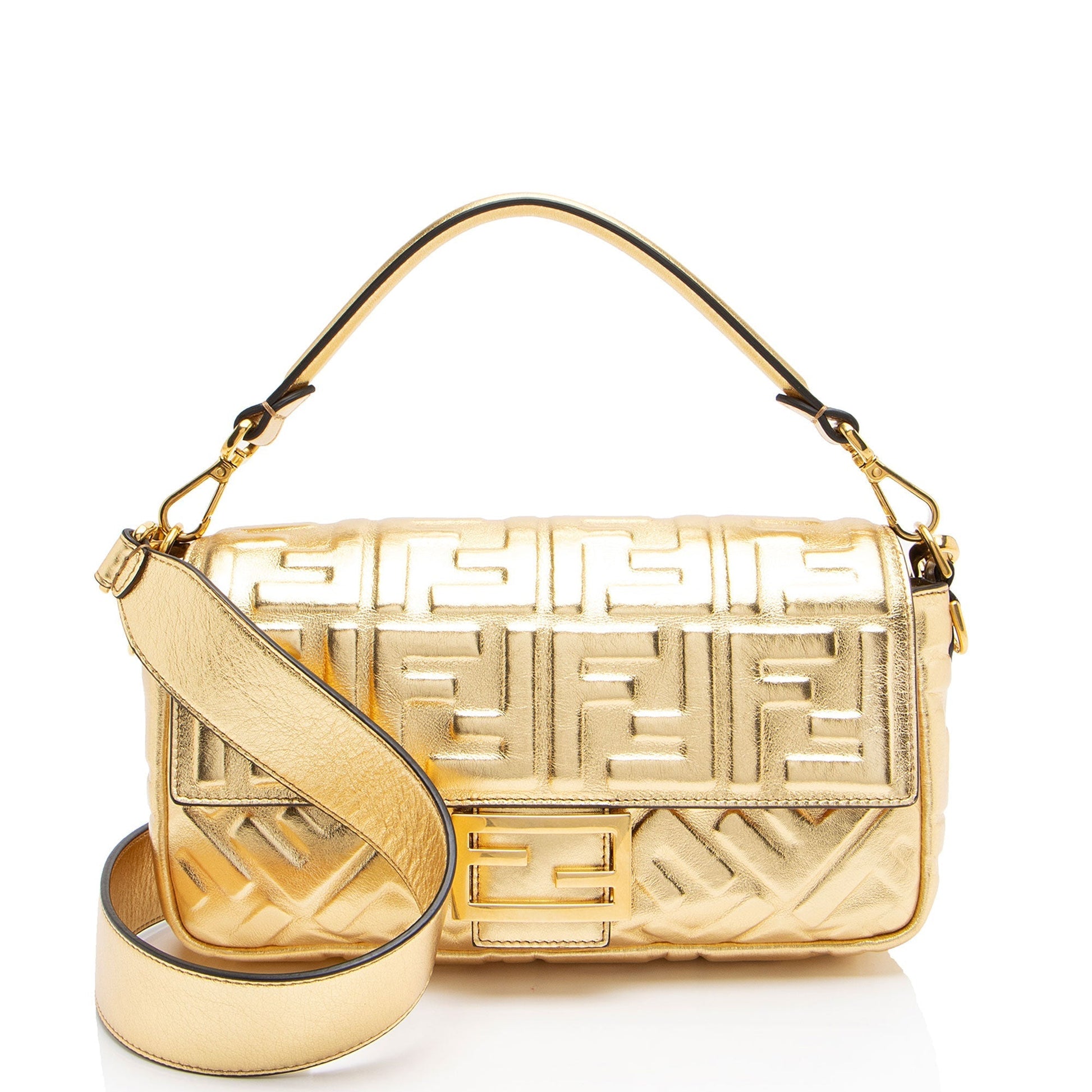 Fendi Metallic Ff Baguette Shoulder Bag Leather Embossed