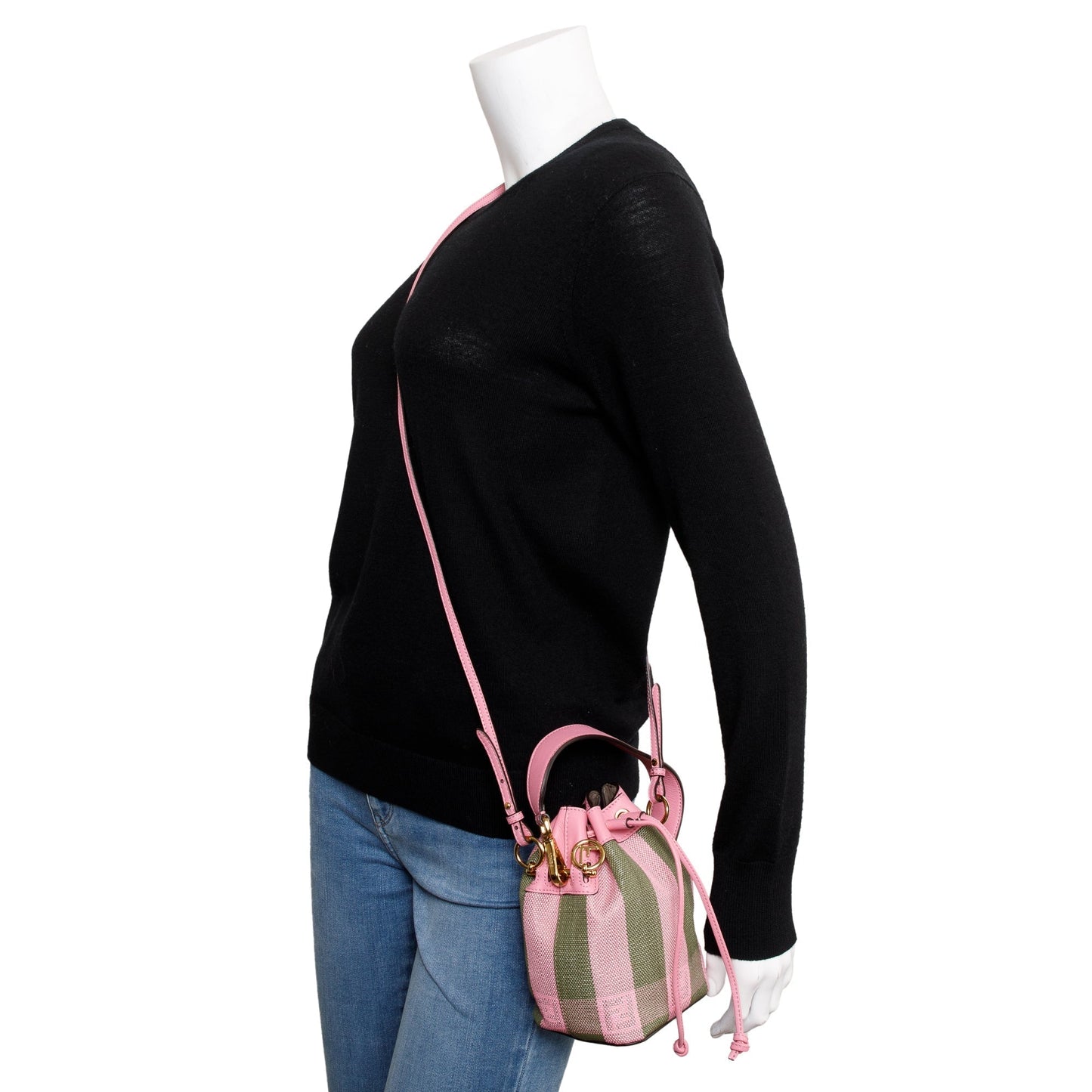 Fendi Military Rosa Lollypop Vitello Seta Is Pequin Raffia Woven Bucket Bag