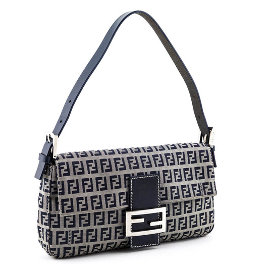 Fendi Zucchino Baguette Handbag Navy Shoulder Bag