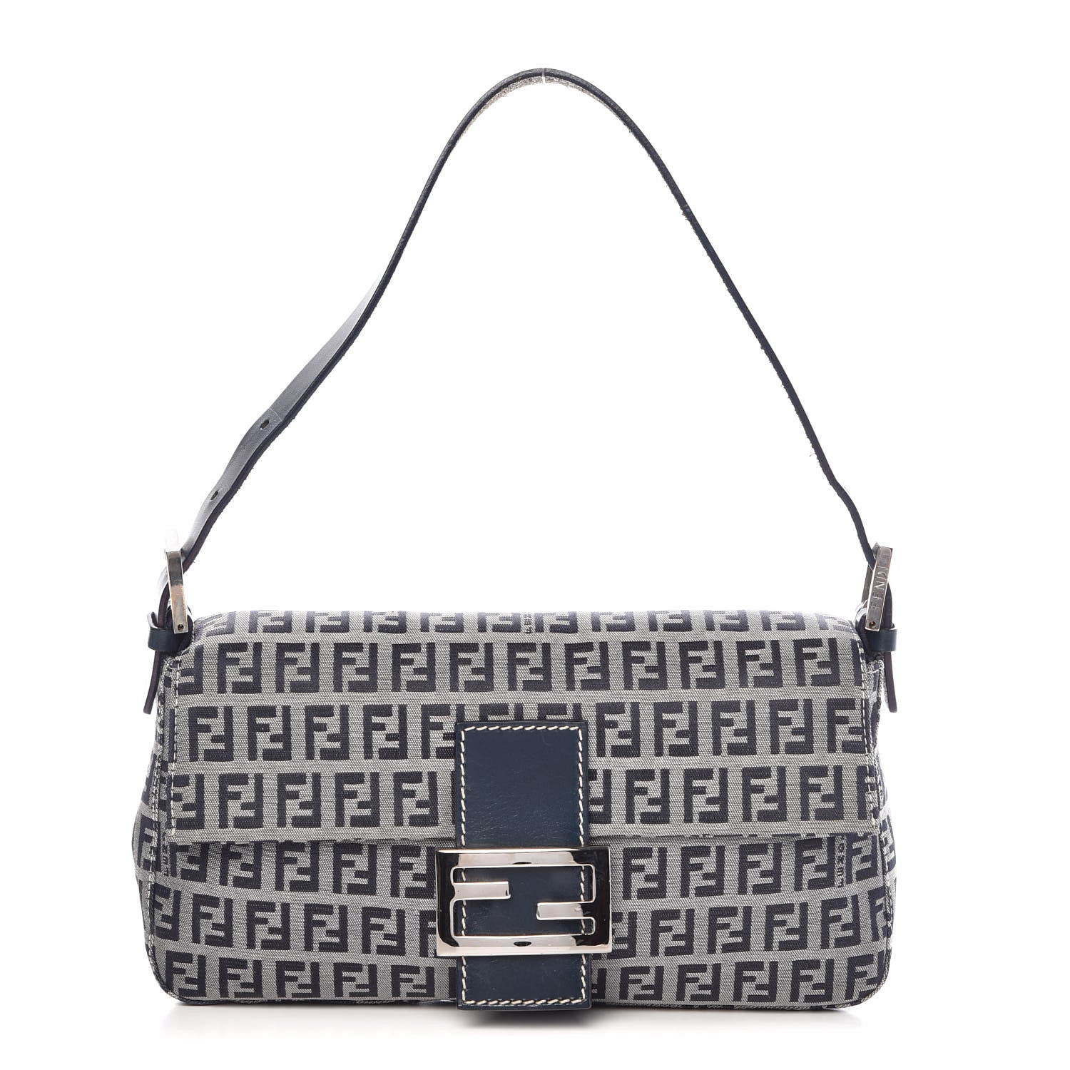 Fendi Zucchino Baguette Handbag Navy Shoulder Bag