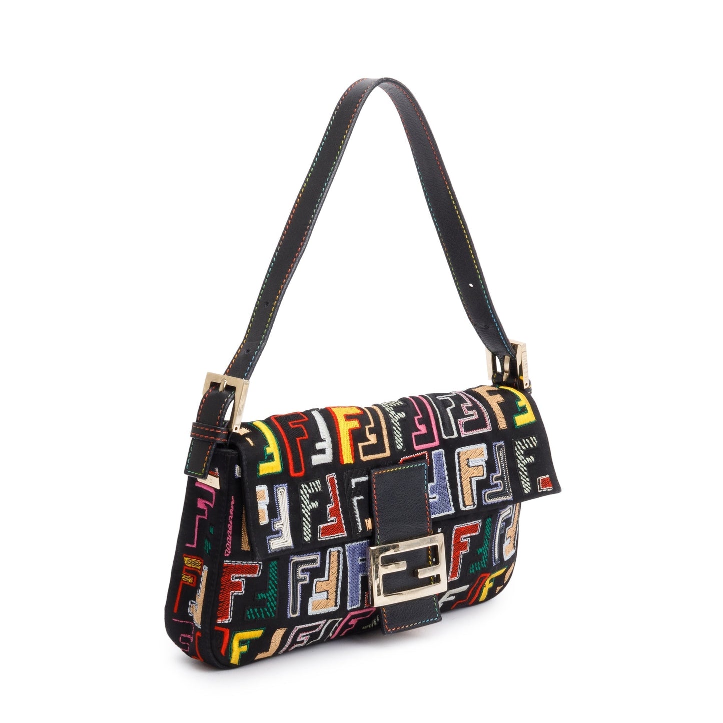Fendi Multicolor Embroidered Ff Zucca Trim Baguette Bag Leather Satin Travel Bag
