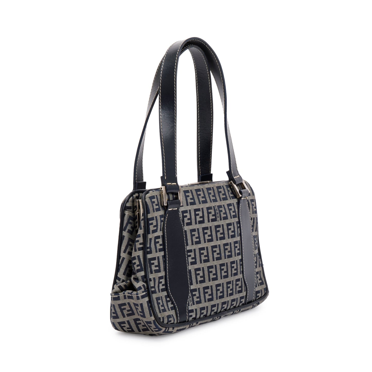 Fendi Navy Ff Zucchino Trimmed Tote Leather Canvas Tote Bag