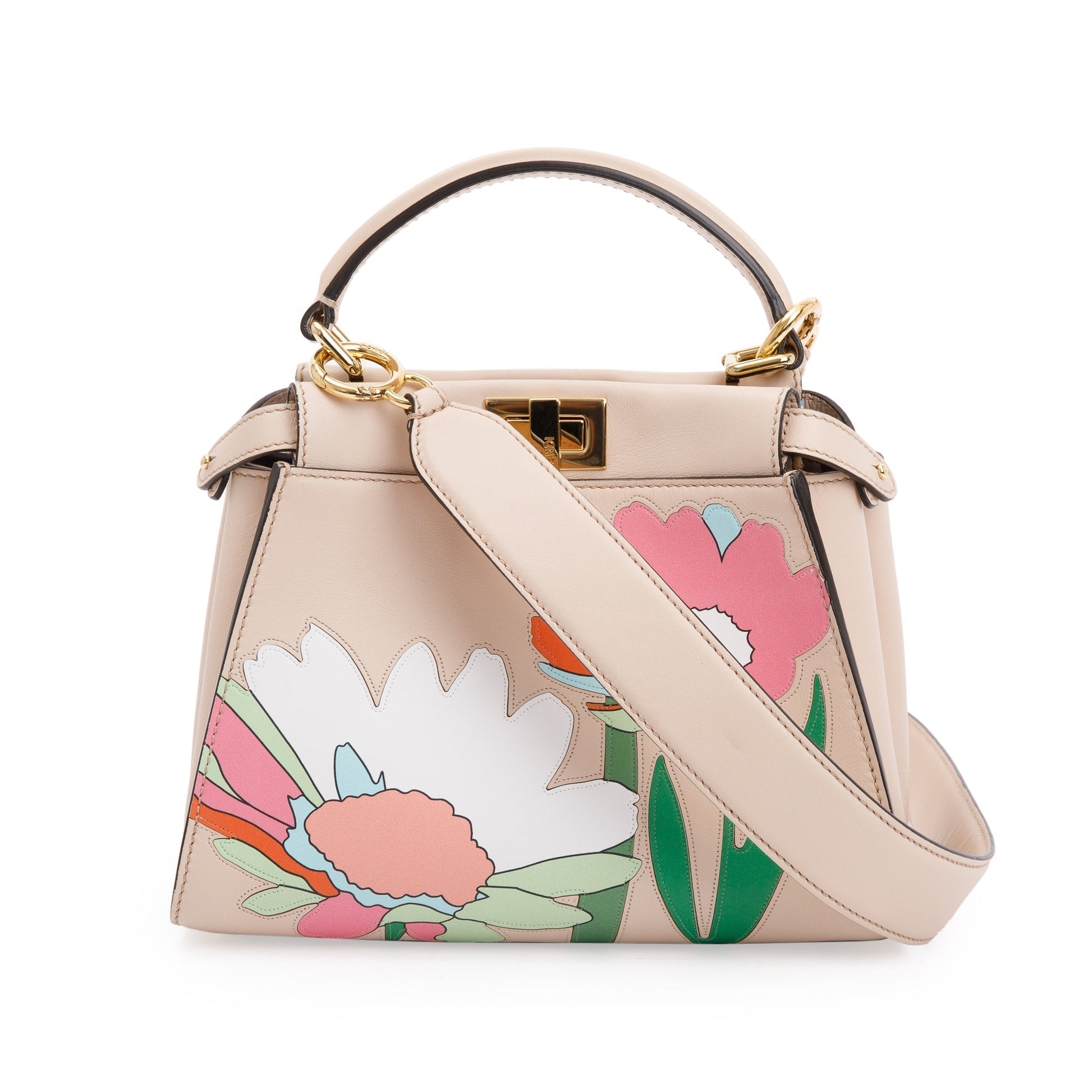 Fendi Neutral Calfskin Floral Inlay Peekaboo Bag Leather Mini Travel Bag