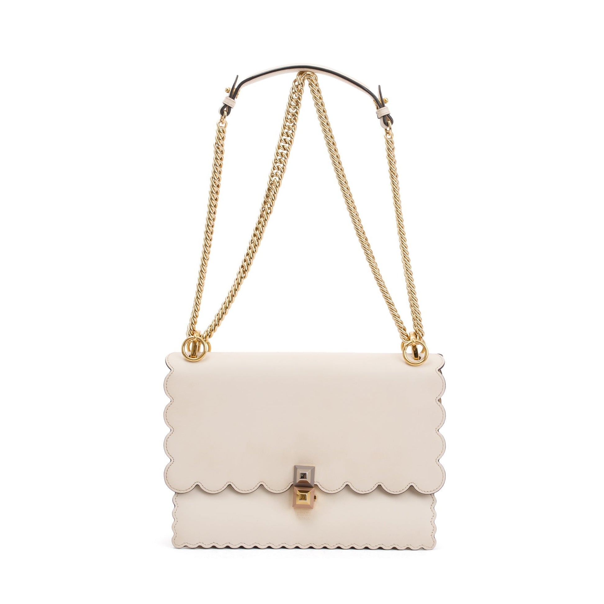Fendi Neutral Calfskin Scalloped Studded Kan Shoulder Bag Leather