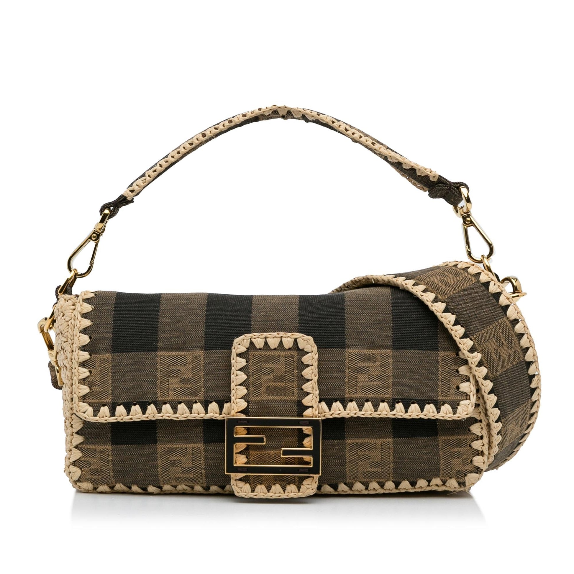 Fendi Pequin And Mamma Baguette Shg Ssrqpf Satchel Bag Canvas Raffia