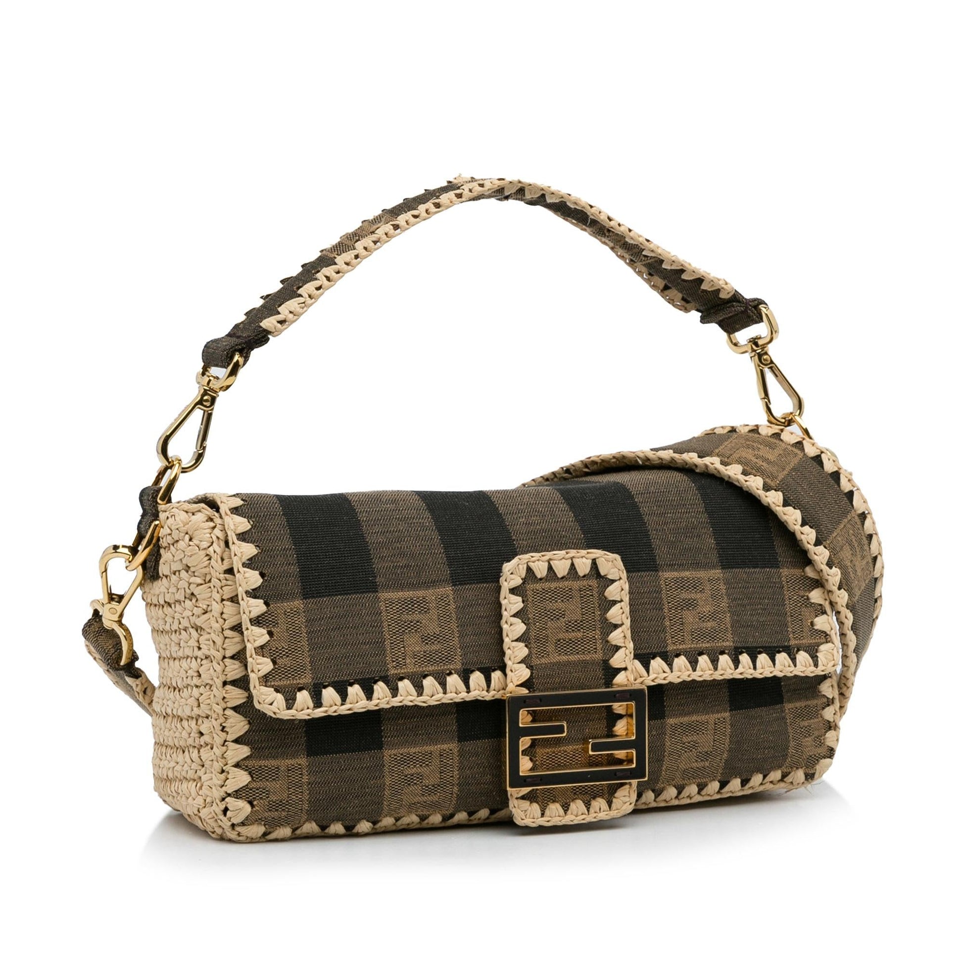 Fendi Pequin And Mamma Baguette Shg Ssrqpf Satchel Bag Canvas Raffia