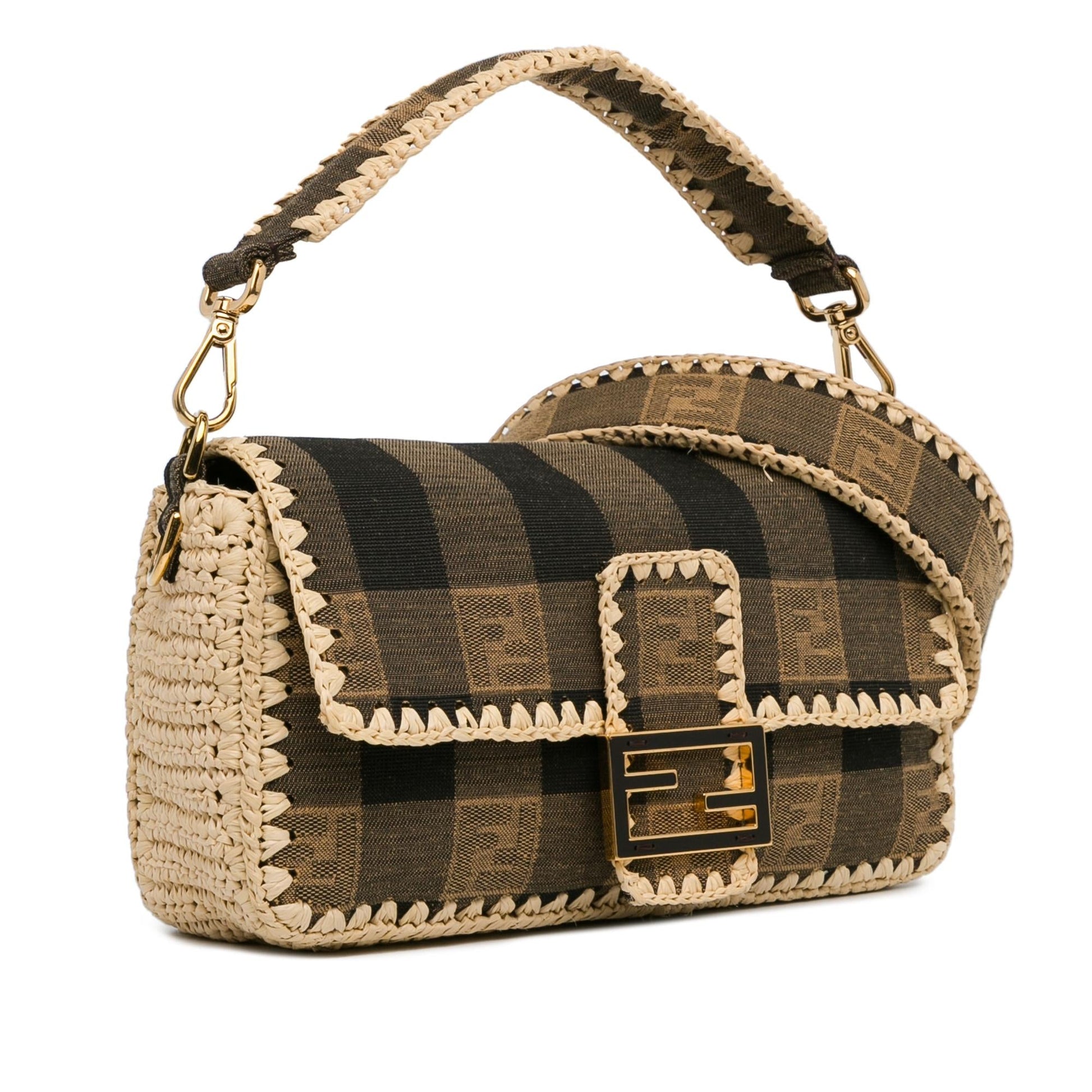Fendi Pequin And Mamma Baguette Shg Satchel Bag Canvas Raffia