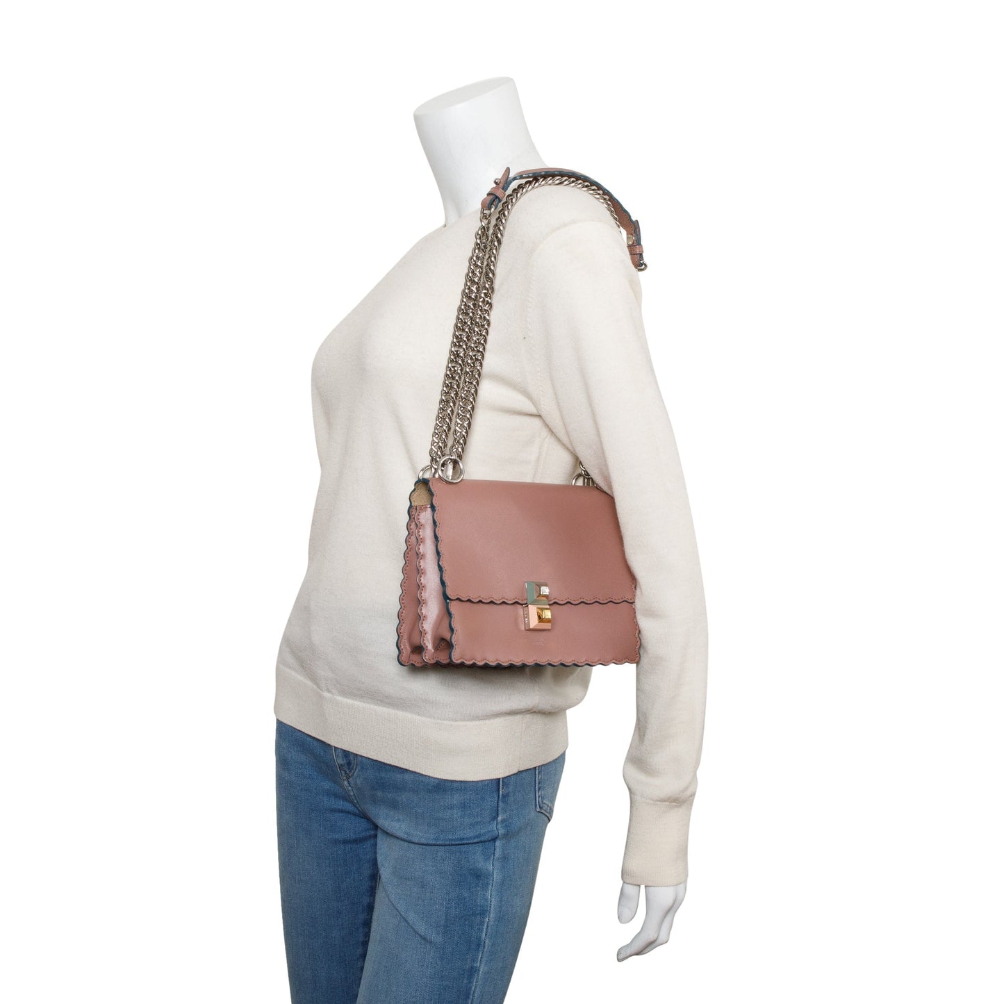 Fendi Calfskin Kan Scallop Shoulder Bag Leather Pink