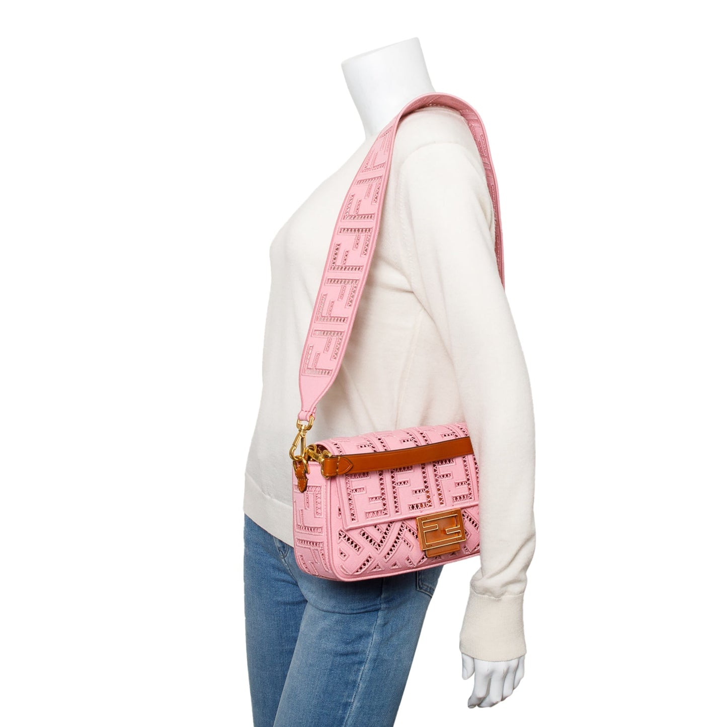 Fendi Ff Openwork Embroidered Medium Baguette Shoulder Bag Canvas