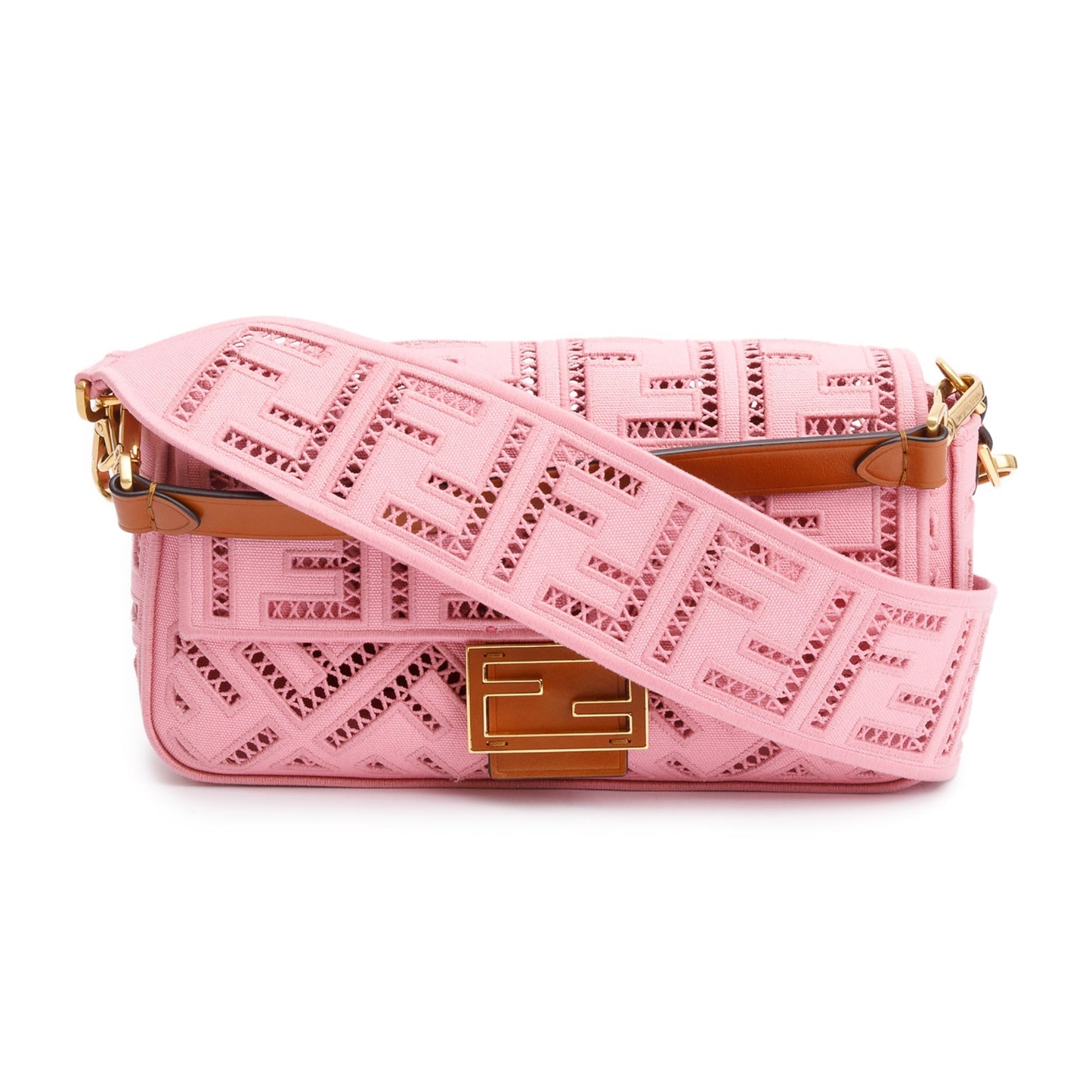 Fendi Ff Openwork Embroidered Medium Baguette Shoulder Bag Canvas